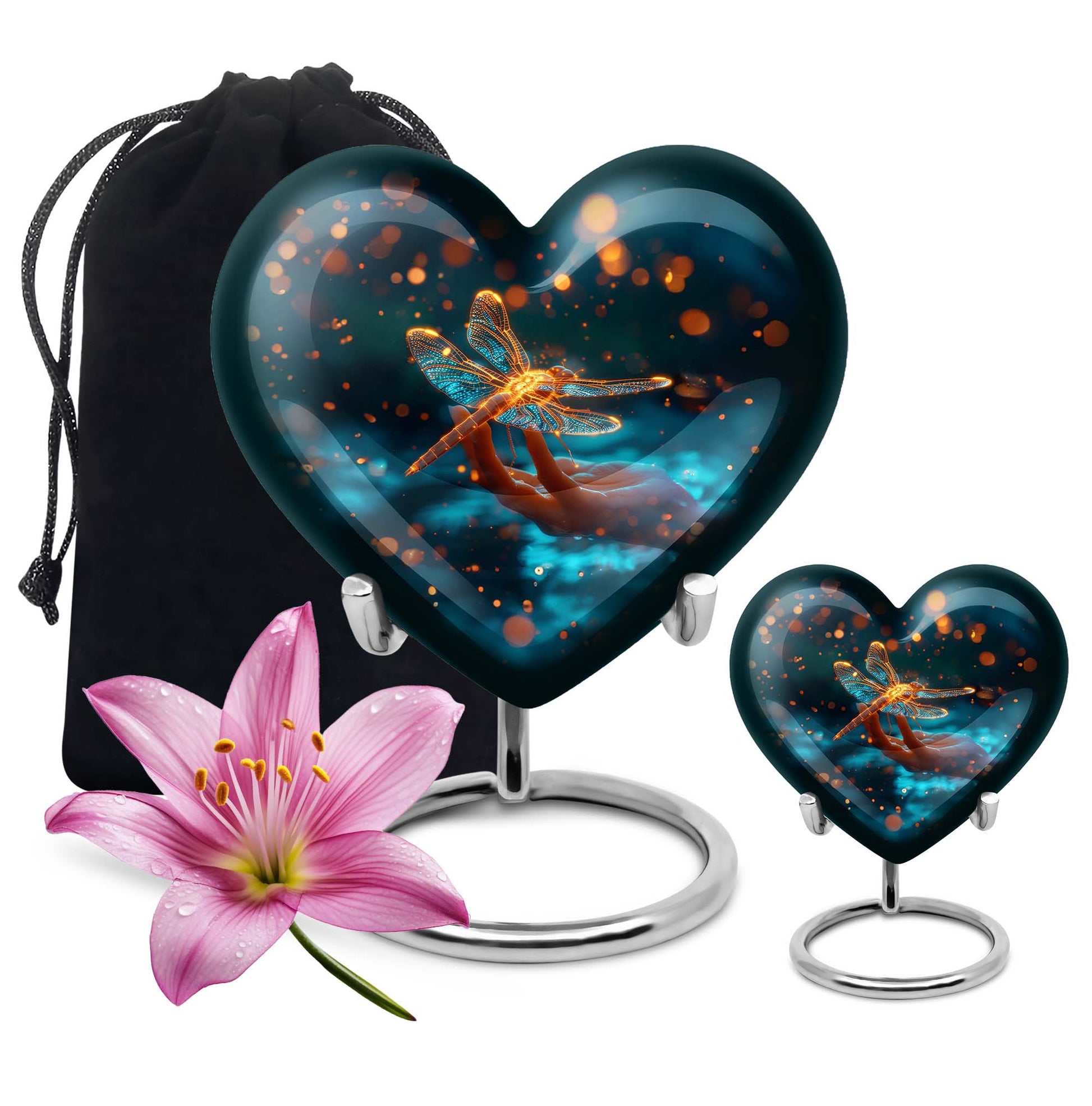 10-inch Cosmic Dragonfly Heart Urn for burial, crafted from aluminium