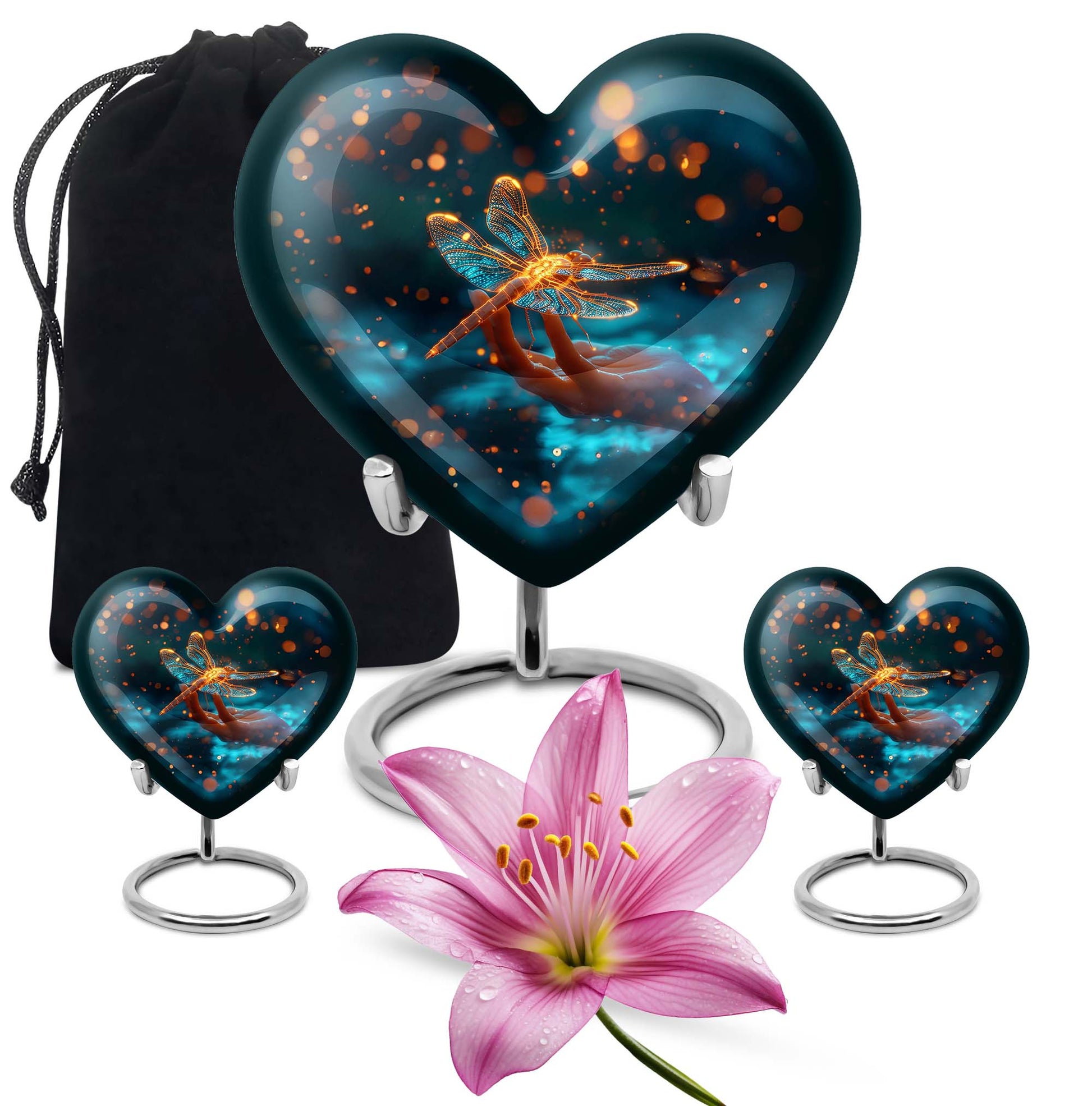 10-inch Cosmic Dragonfly Heart Urn for burial, crafted from aluminium