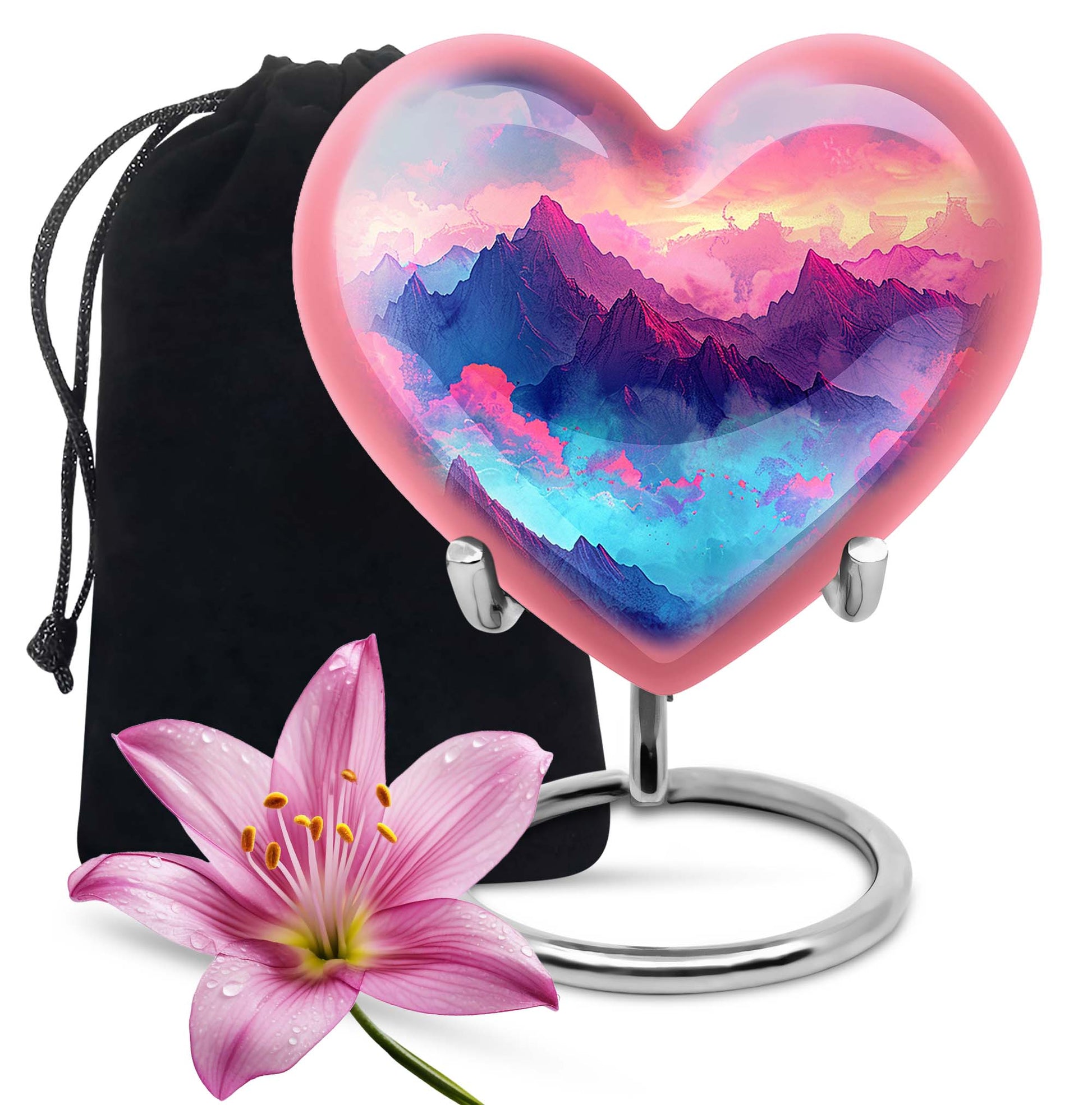 10-inch MOUNTAINS Heart Urn for burial ashes in Purple Meadow theme