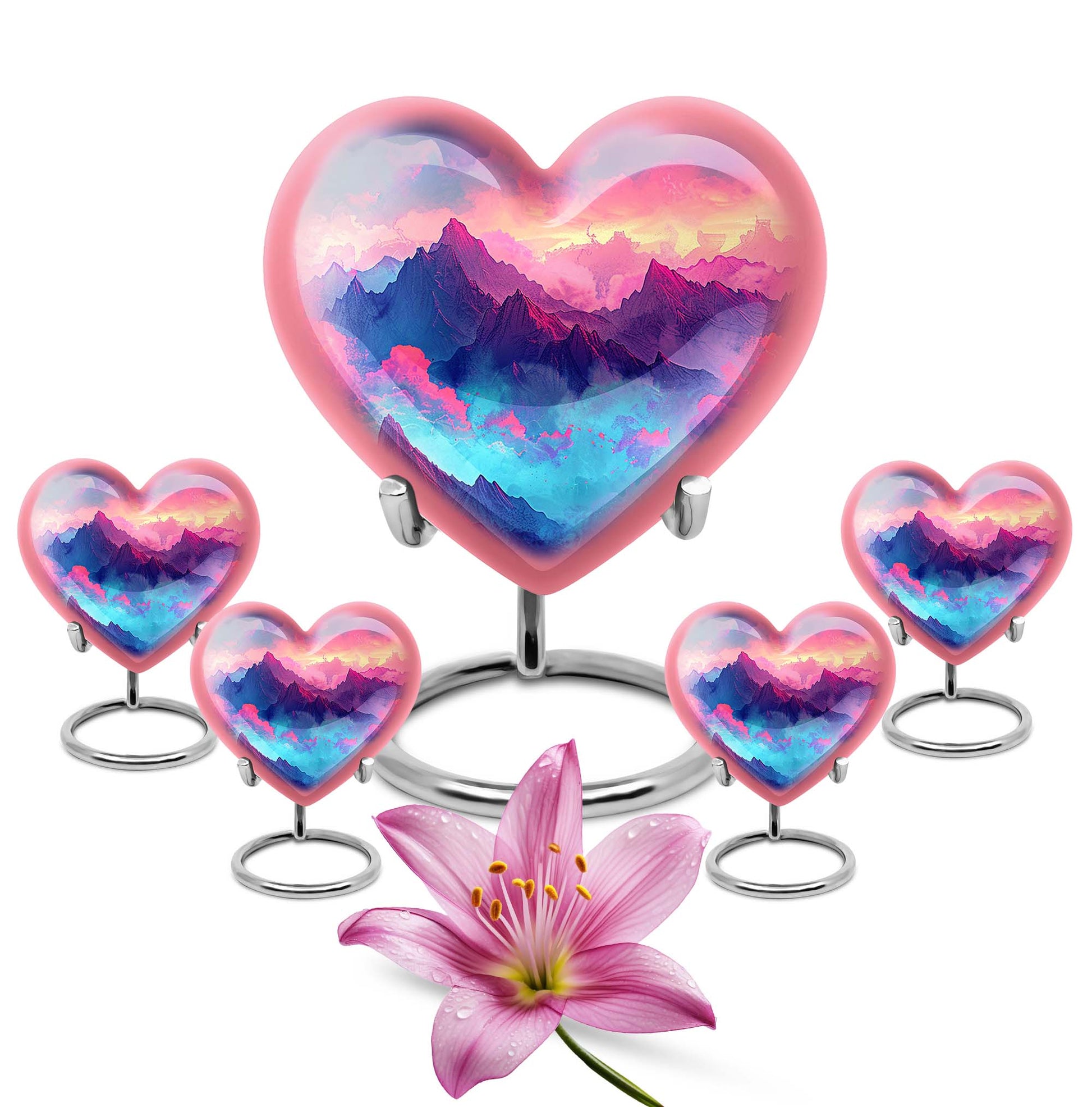 10-inch MOUNTAINS Heart Urn for burial ashes in Purple Meadow theme