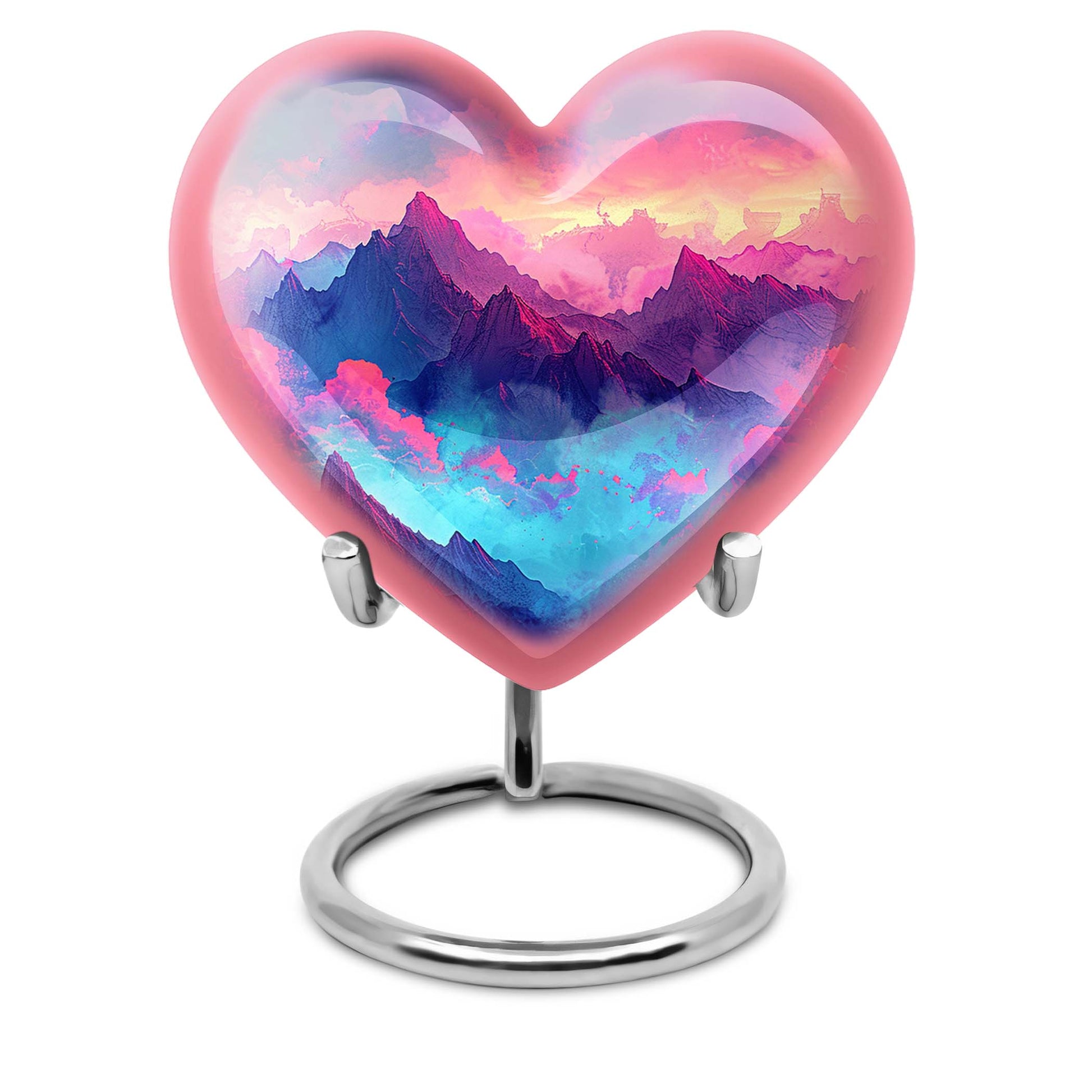 10-inch MOUNTAINS Heart Urn for burial ashes in Purple Meadow theme