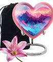 10-inch MOUNTAINS Heart Urn for burial ashes in Purple Meadow theme