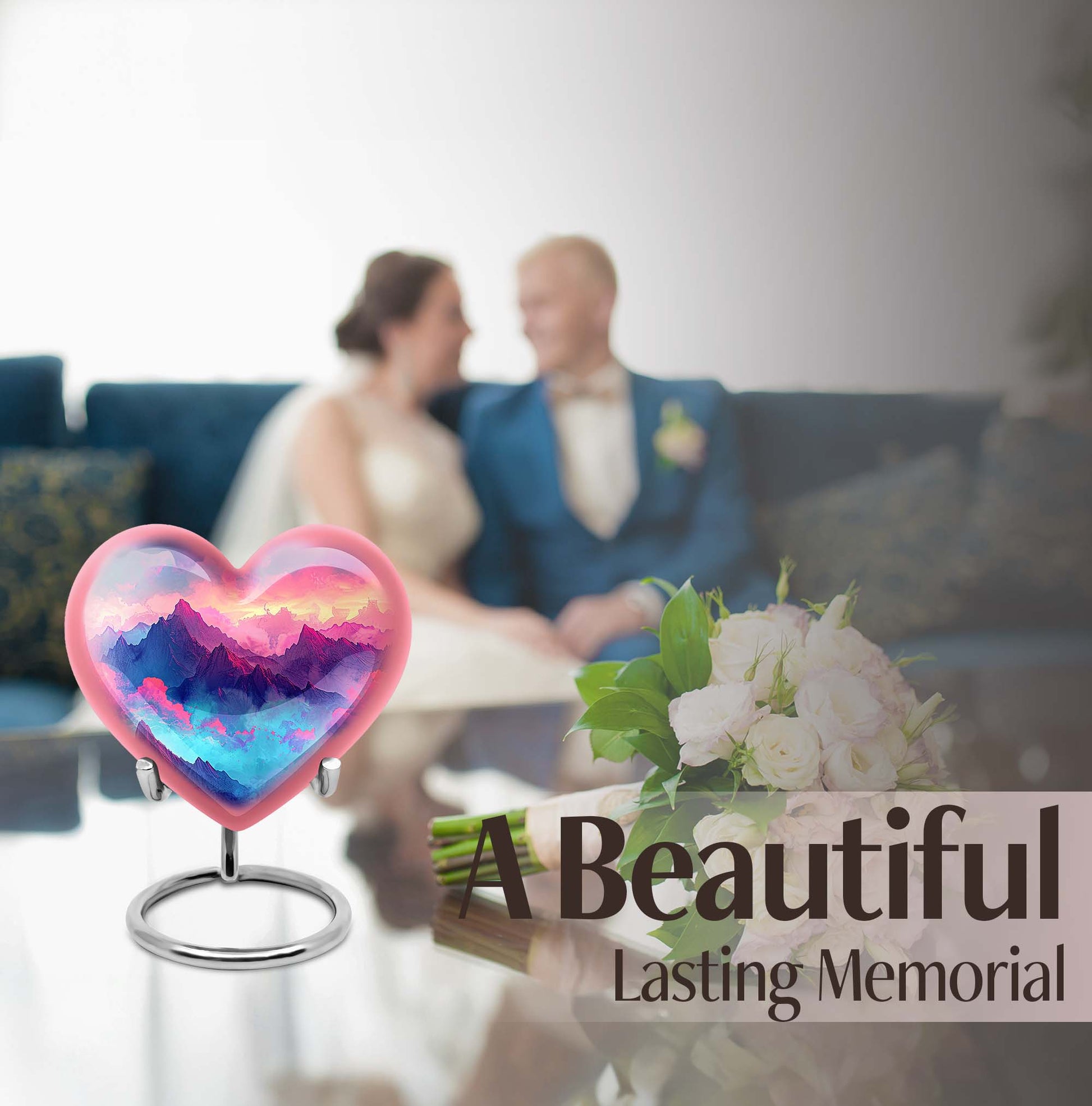 10-inch MOUNTAINS Heart Urn for burial ashes in Purple Meadow theme