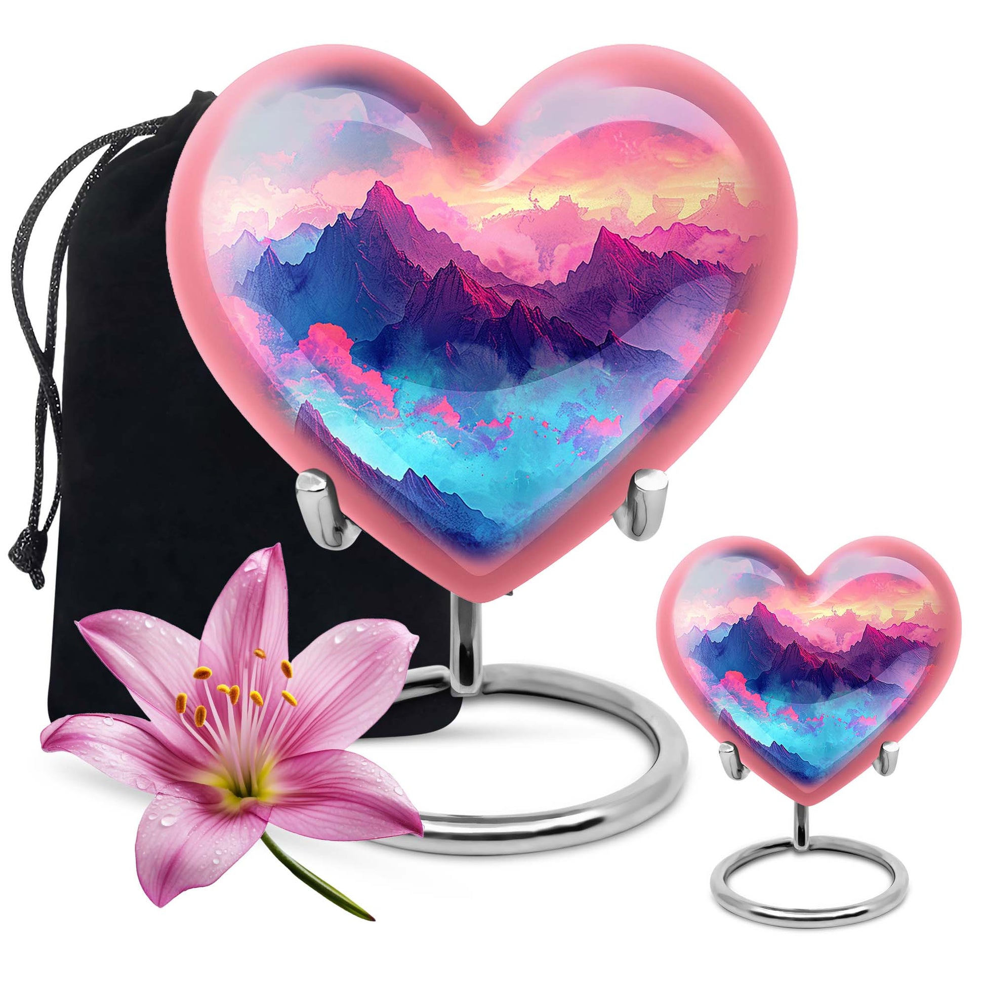 10-inch MOUNTAINS Heart Urn for burial ashes in Purple Meadow theme