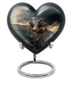 10-inch tribe man urn themed with howling wolf heart design, ideal for cremation dad urn and includes velvet pouch for containment of ashes. Possible to customize with engraved names, made from aluminium material.