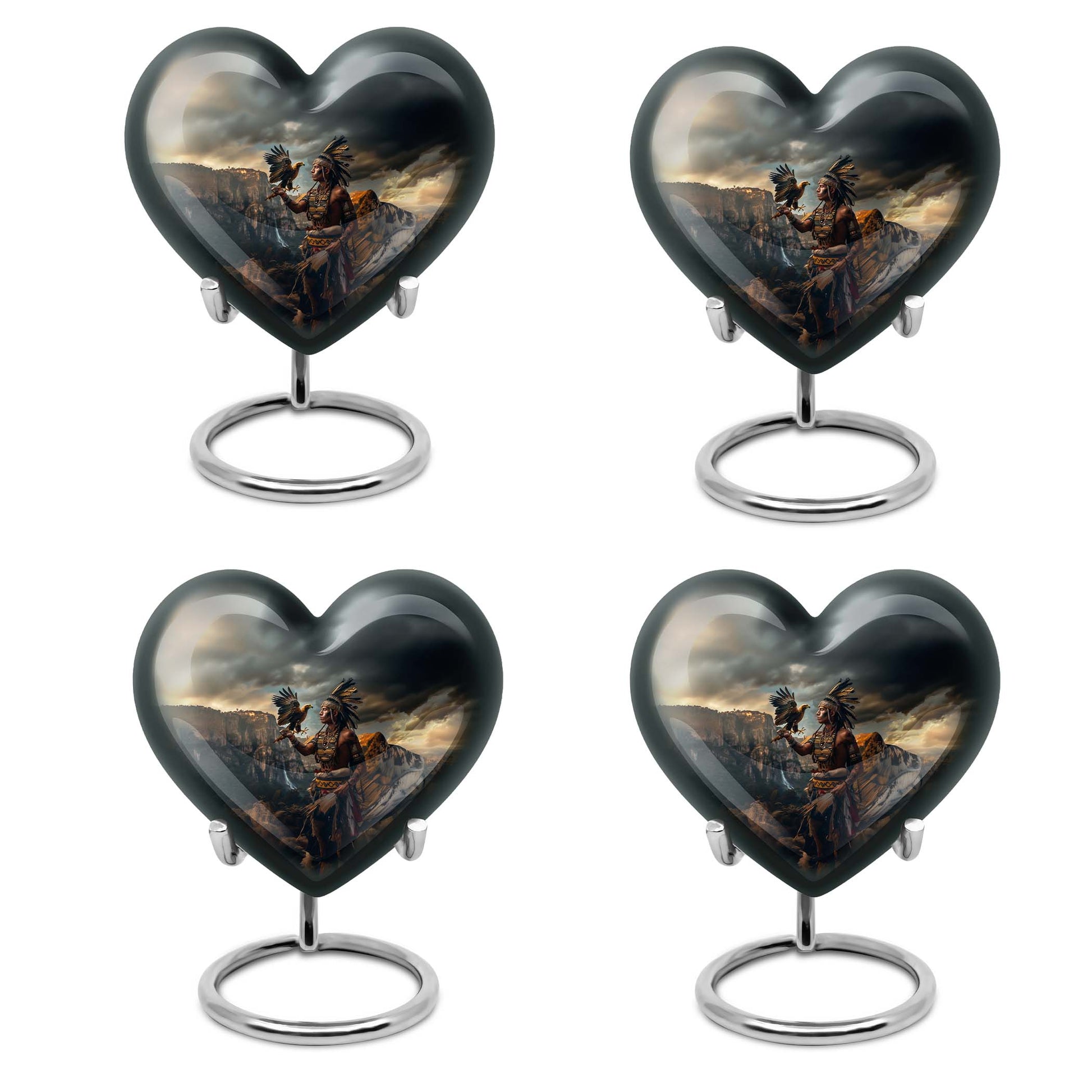 10-inch tribe man urn themed with howling wolf heart design, ideal for cremation dad urn and includes velvet pouch for containment of ashes. Possible to customize with engraved names, made from aluminium material.