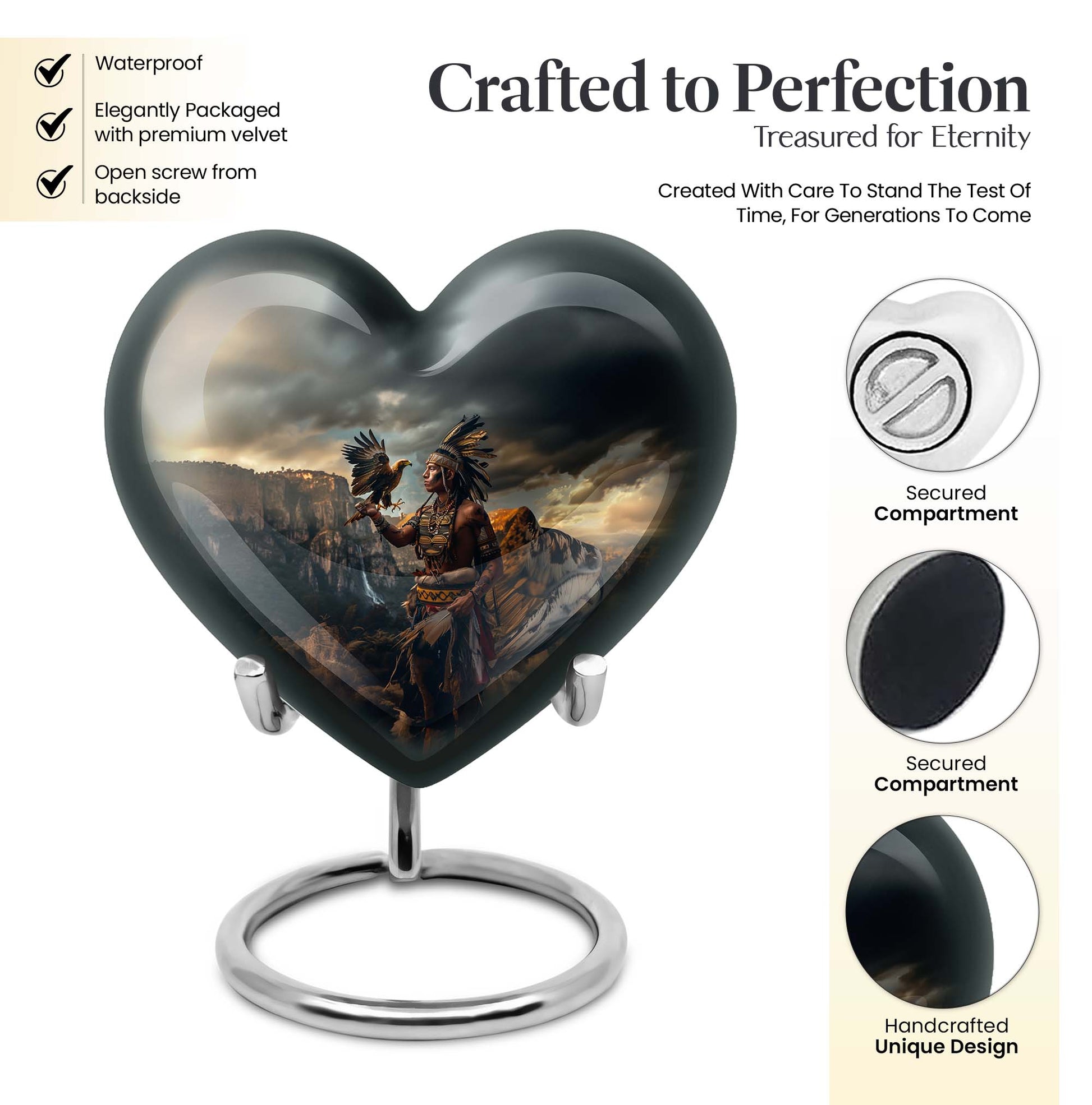 10-inch tribe man urn themed with howling wolf heart design, ideal for cremation dad urn and includes velvet pouch for containment of ashes. Possible to customize with engraved names, made from aluminium material.