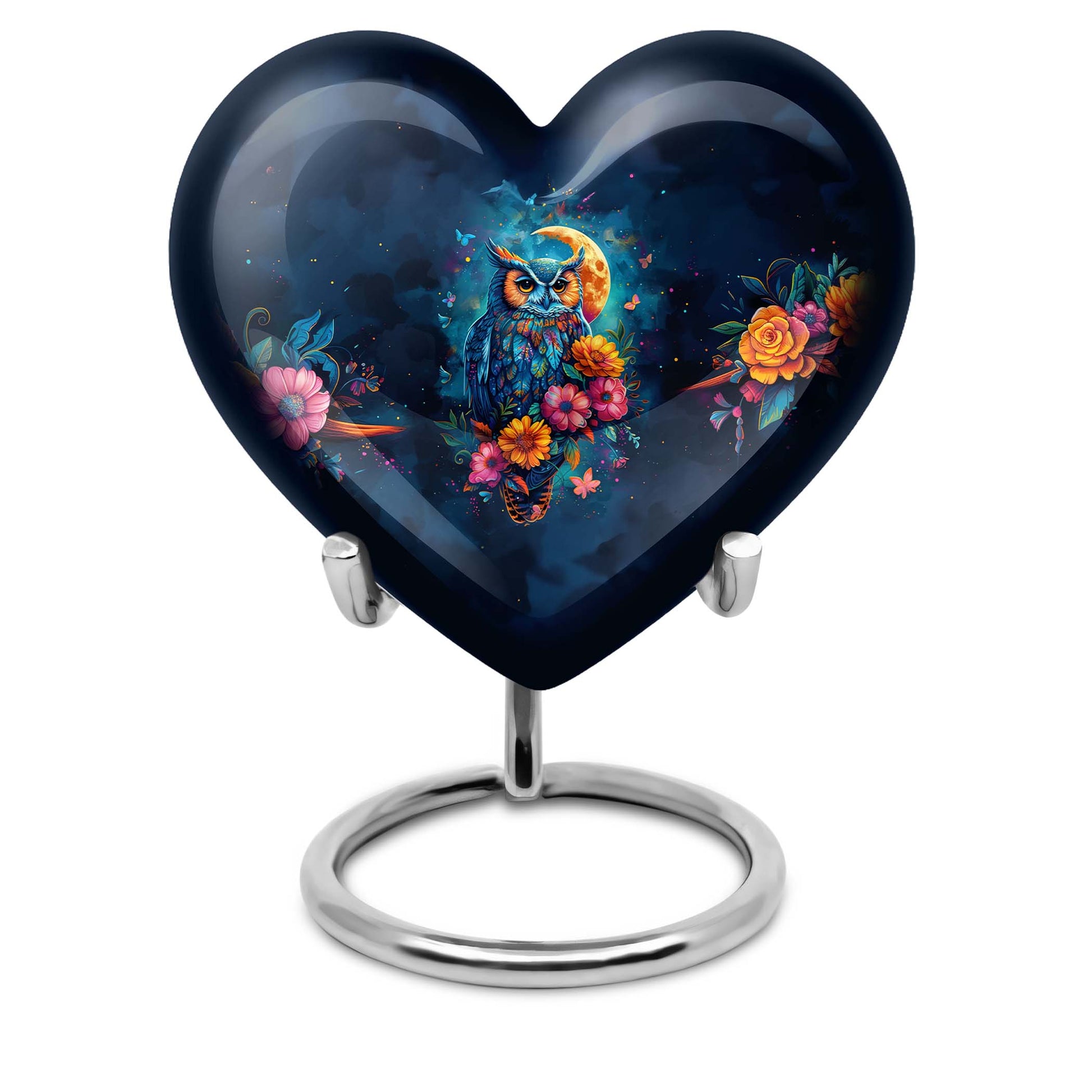 10-inch Heart Shaped Owl Cremation Urn with Wolf Howling theme, suitable for dad and mom