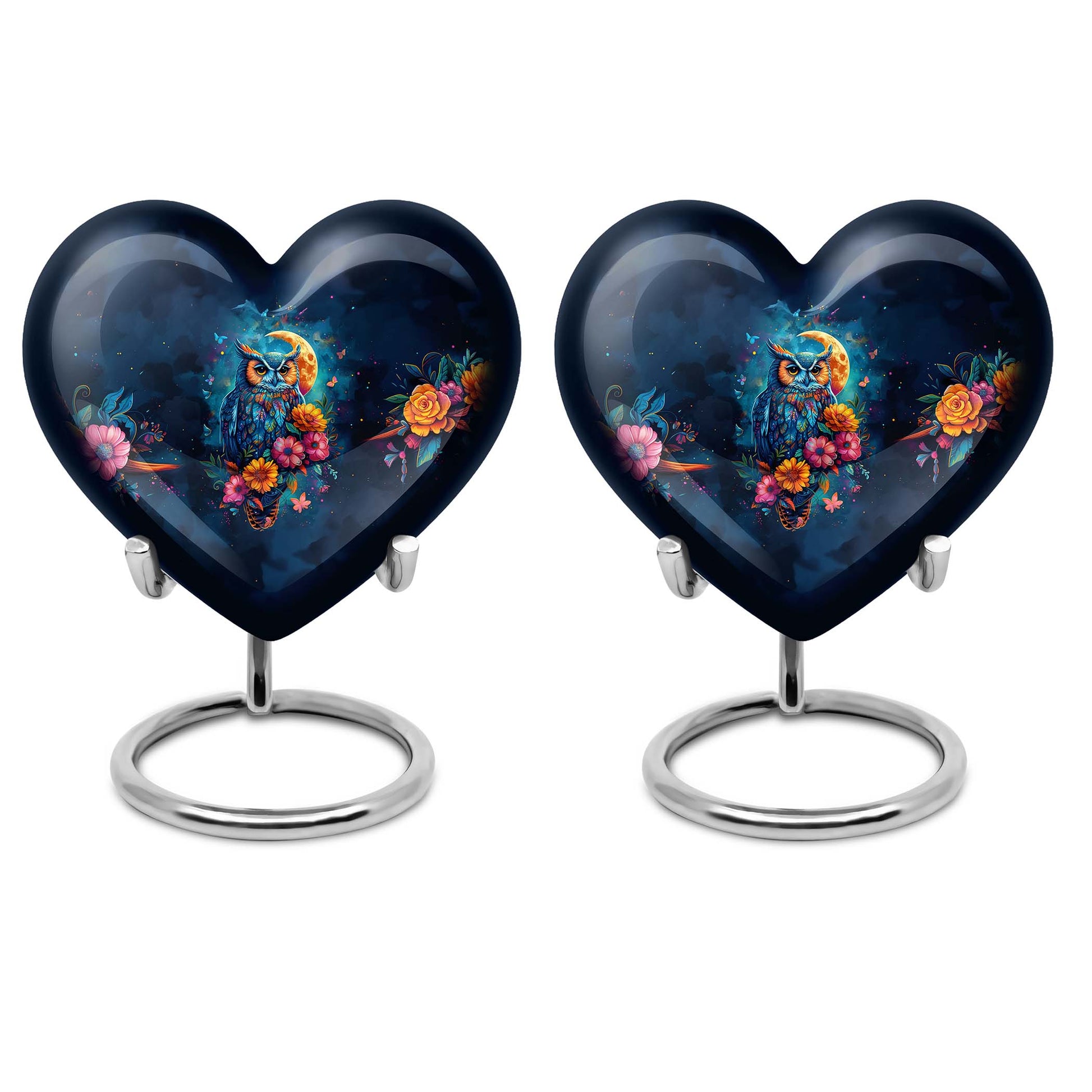 10-inch Heart Shaped Owl Cremation Urn with Wolf Howling theme, suitable for dad and mom