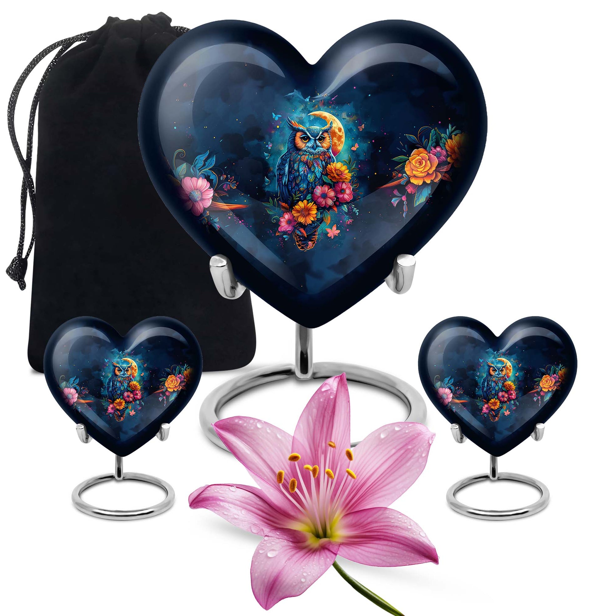 10-inch Heart Shaped Owl Cremation Urn with Wolf Howling theme, suitable for dad and mom