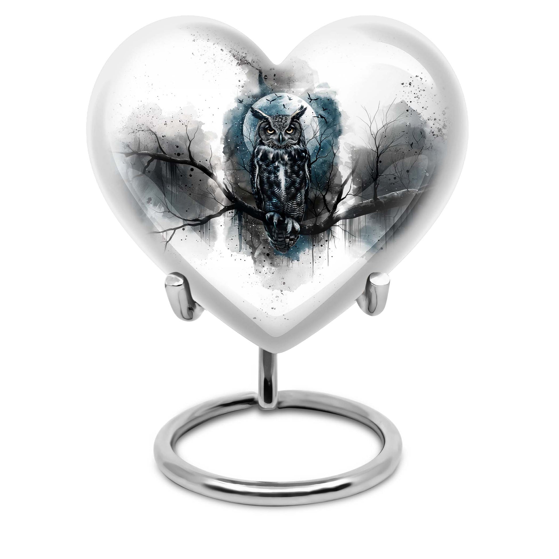 Heart-shaped 10-inch Owl Urn, a memorial large urn for ashes with Wolf Howling theme