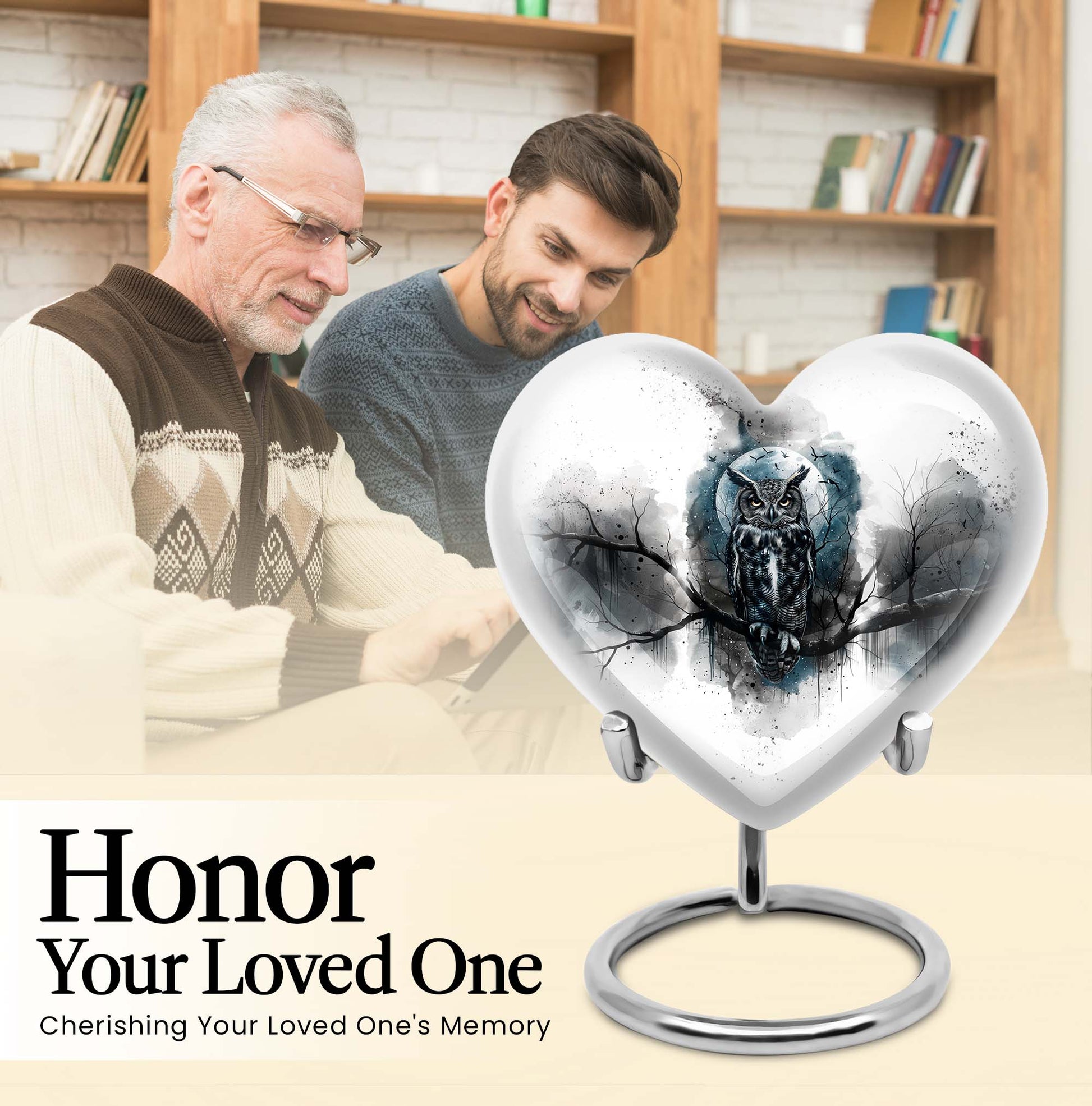 Heart-shaped 10-inch Owl Urn, a memorial large urn for ashes with Wolf Howling theme