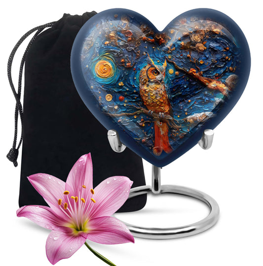 10-inch owl urn, heart-shaped aluminium burial cremation urn with wolf howling theme