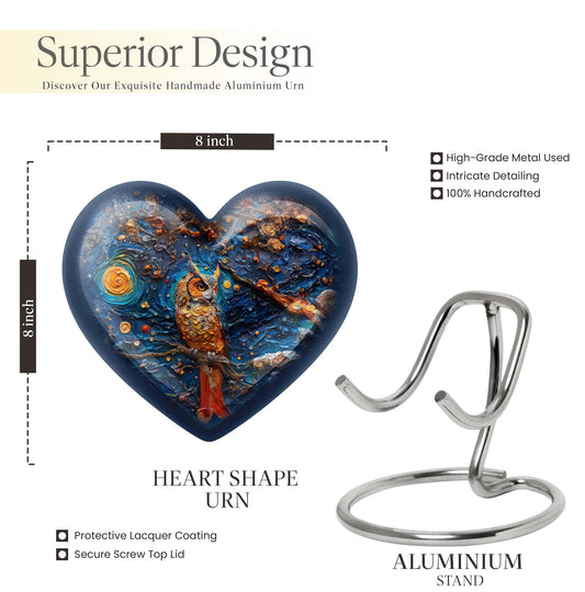 10-inch owl urn, heart-shaped aluminium burial cremation urn with wolf howling theme