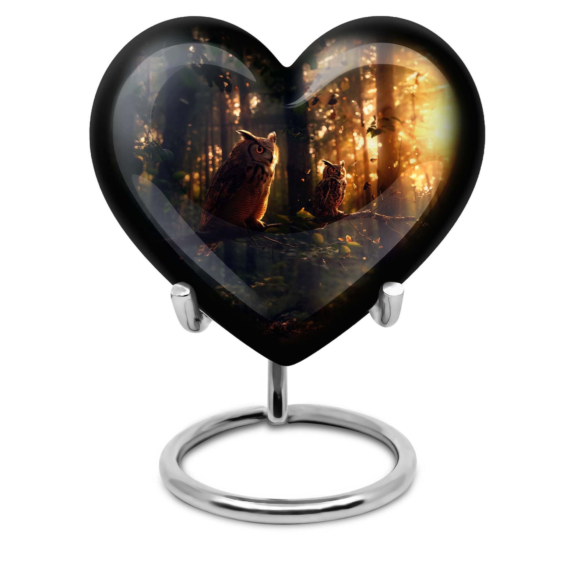 10-inch heart-shaped Owl Urn for ashes, Wolf Howling theme,