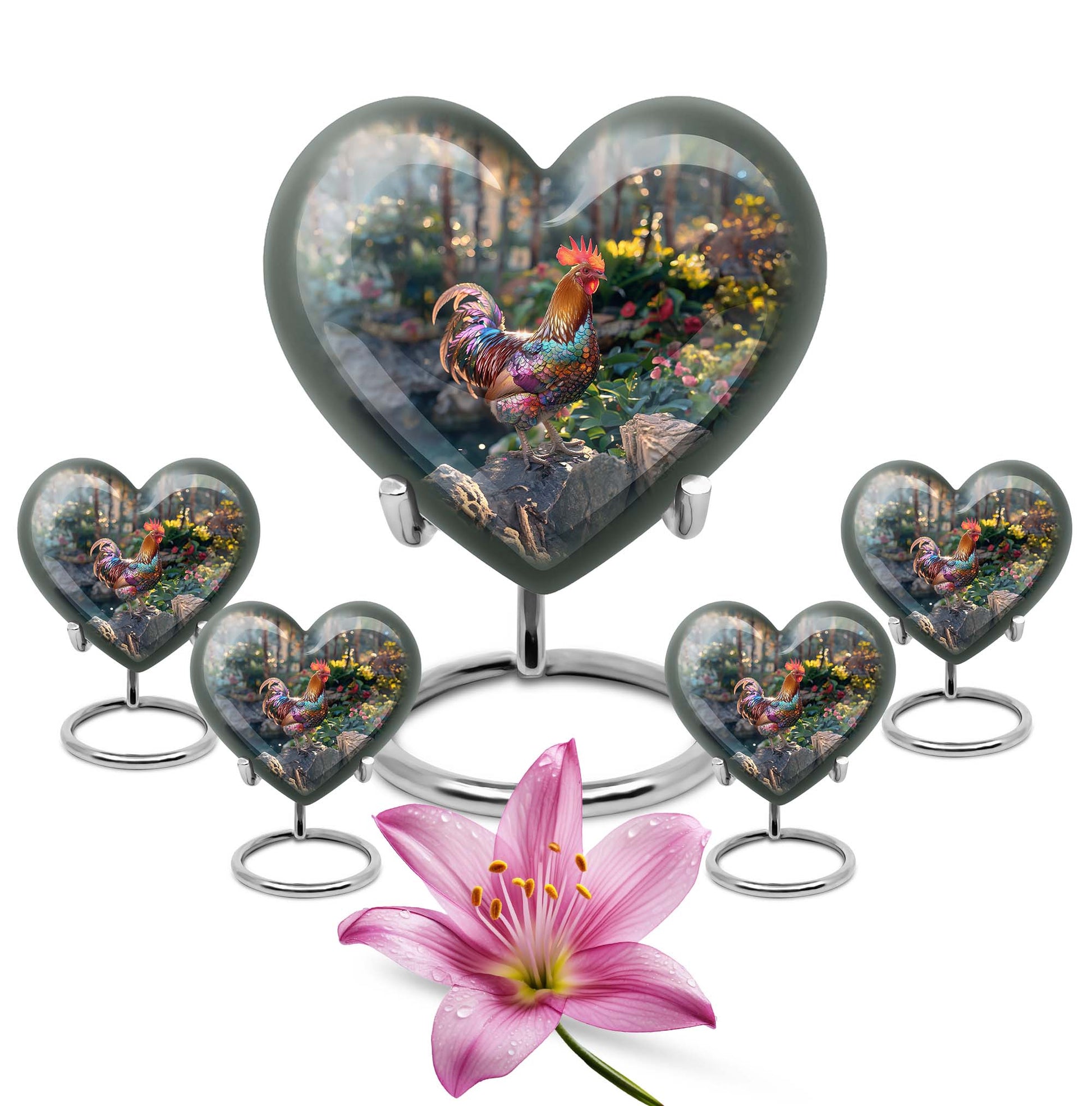 Heart-shaped chicken urn with flower theme for storing human ashes