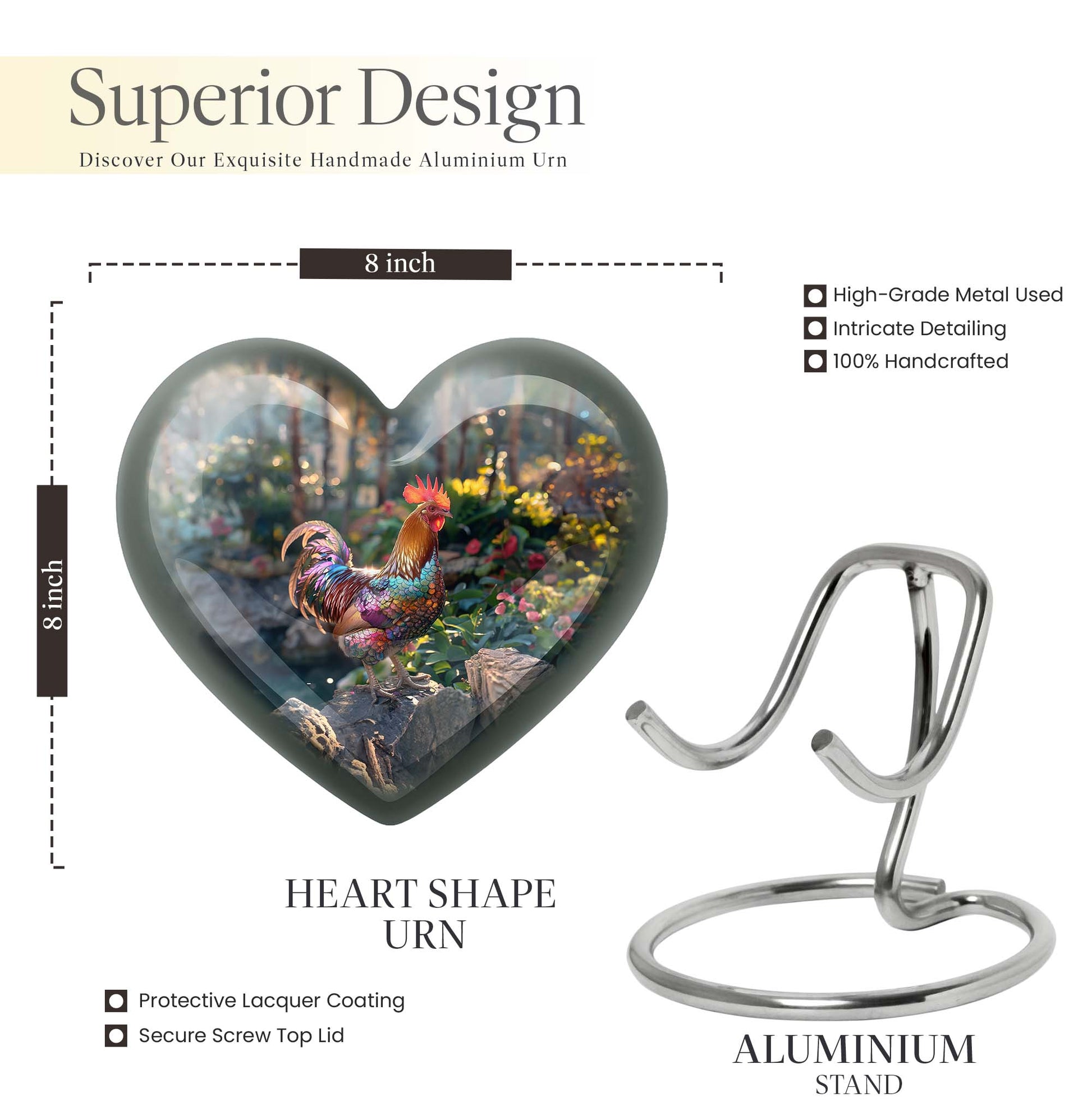 Heart-shaped chicken urn with flower theme for storing human ashes