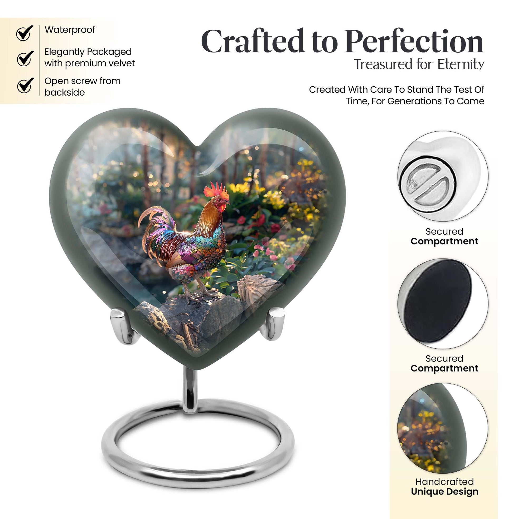 Heart-shaped chicken urn with flower theme for storing human ashes