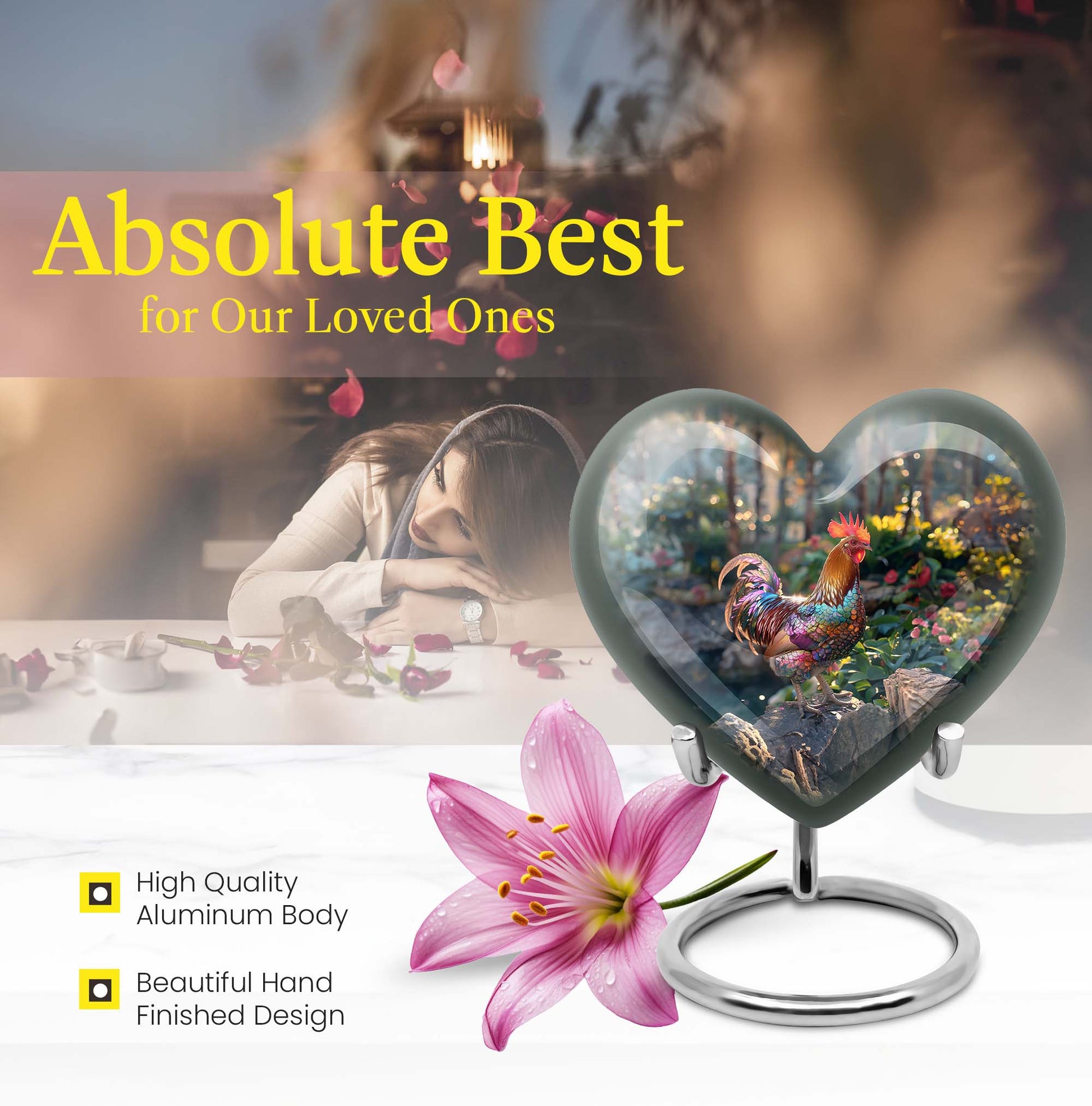 Heart-shaped chicken urn with flower theme for storing human ashes