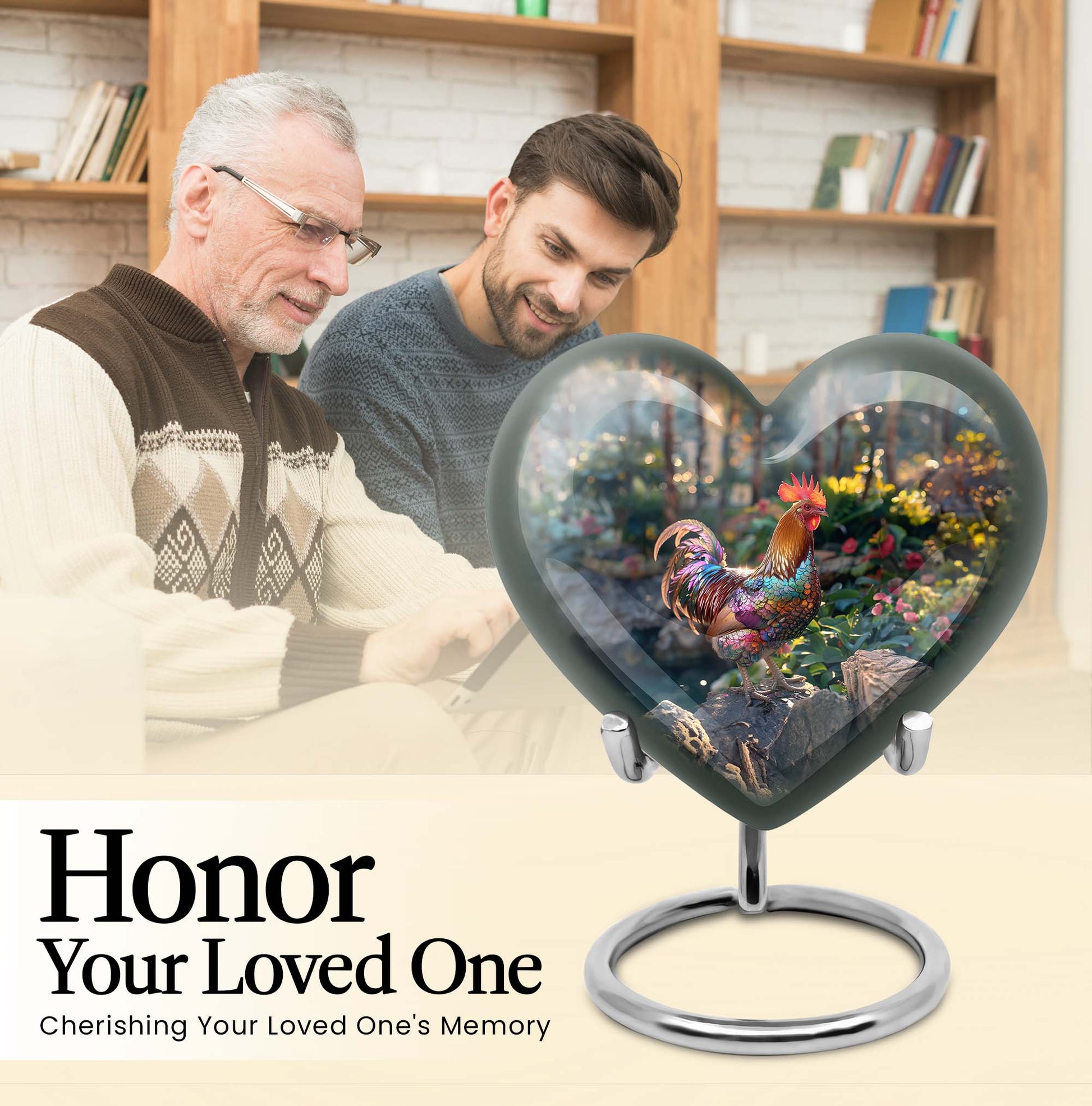 Heart-shaped chicken urn with flower theme for storing human ashes