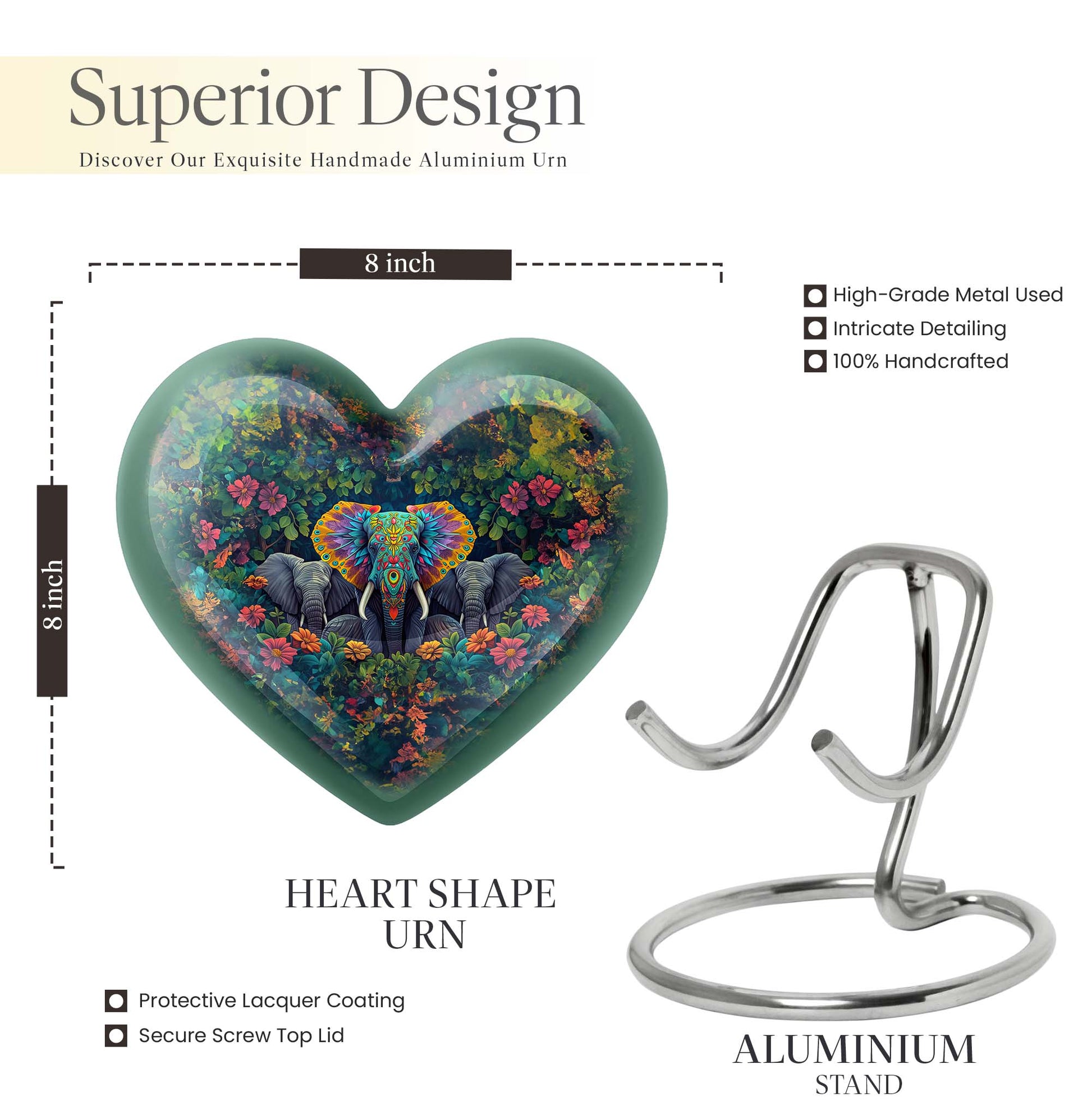 10-inch butterfly-themed heart-shaped elephant urn for adult human ashes