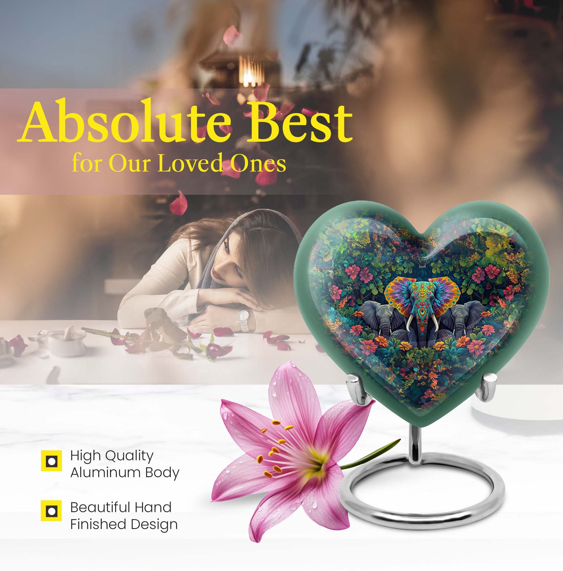 10-inch butterfly-themed heart-shaped elephant urn for adult human ashes