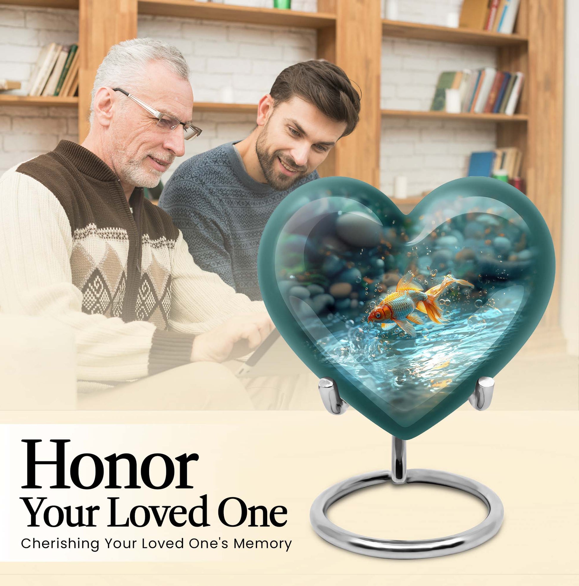 10-Inch gold fish heart urn with butterfly 