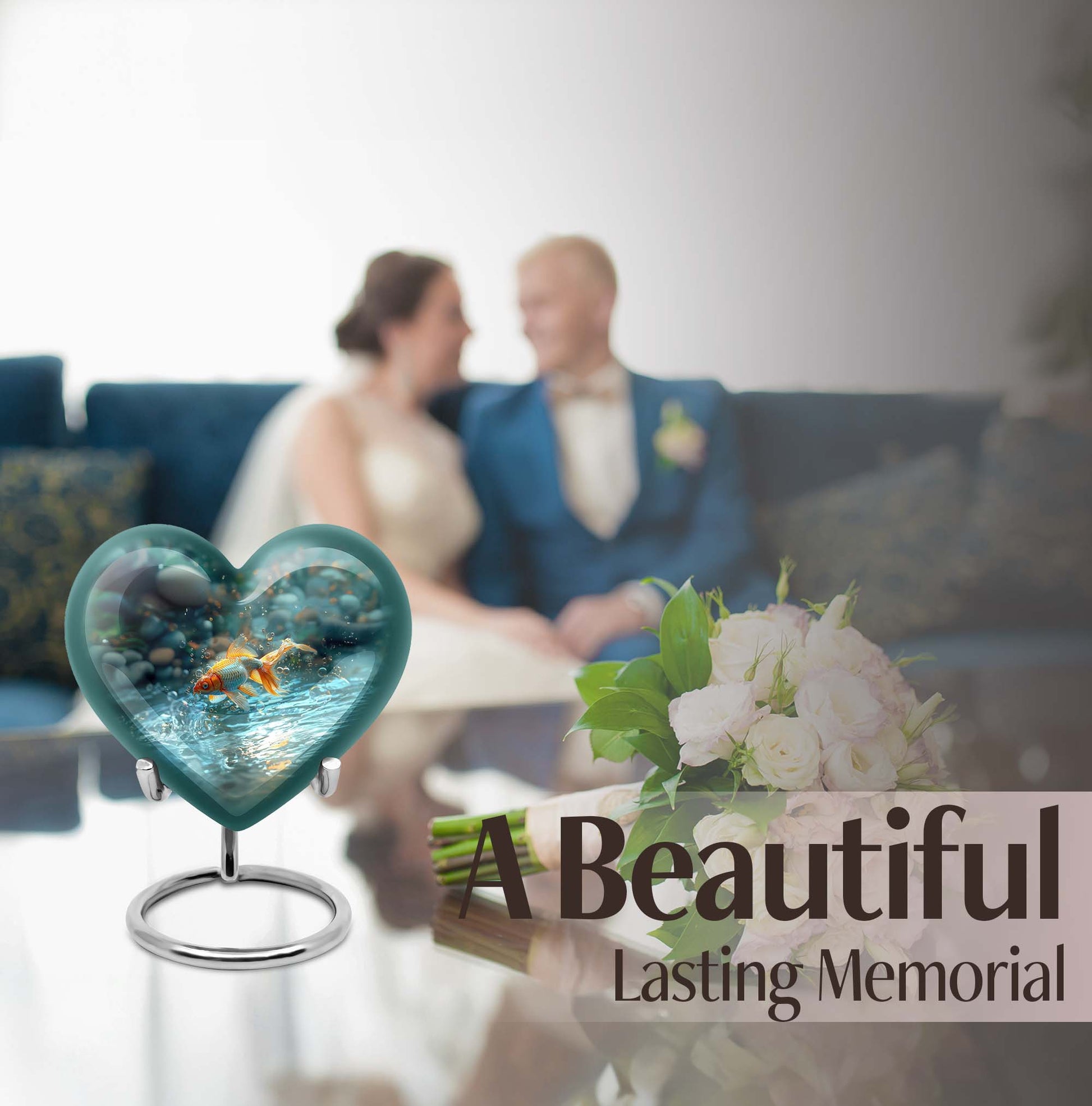 10-Inch gold fish heart urn with butterfly 