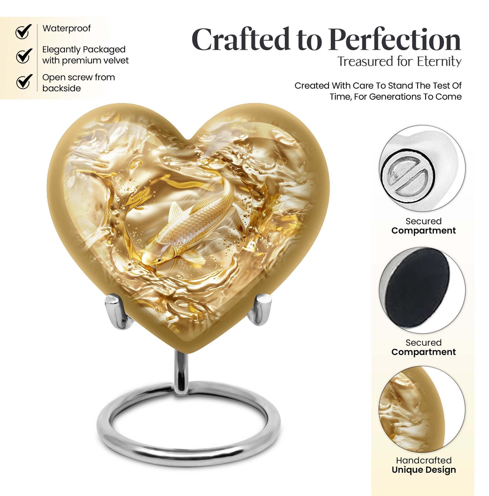 10-inch heart-shaped gold fish Urn, butterfly themed cremation urn for adult ashes