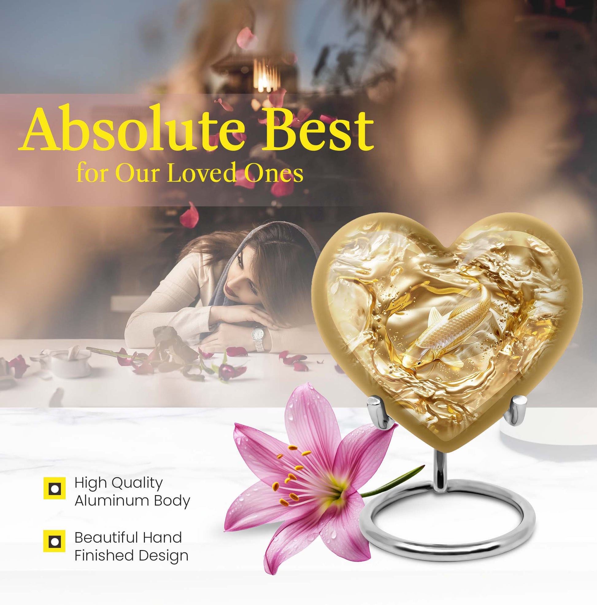 10-inch heart-shaped gold fish Urn, butterfly themed cremation urn for adult ashes