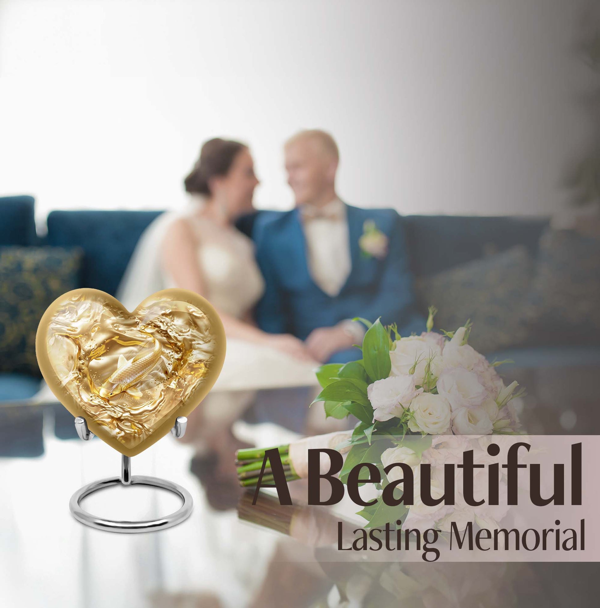 10-inch heart-shaped gold fish Urn, butterfly themed cremation urn for adult ashes