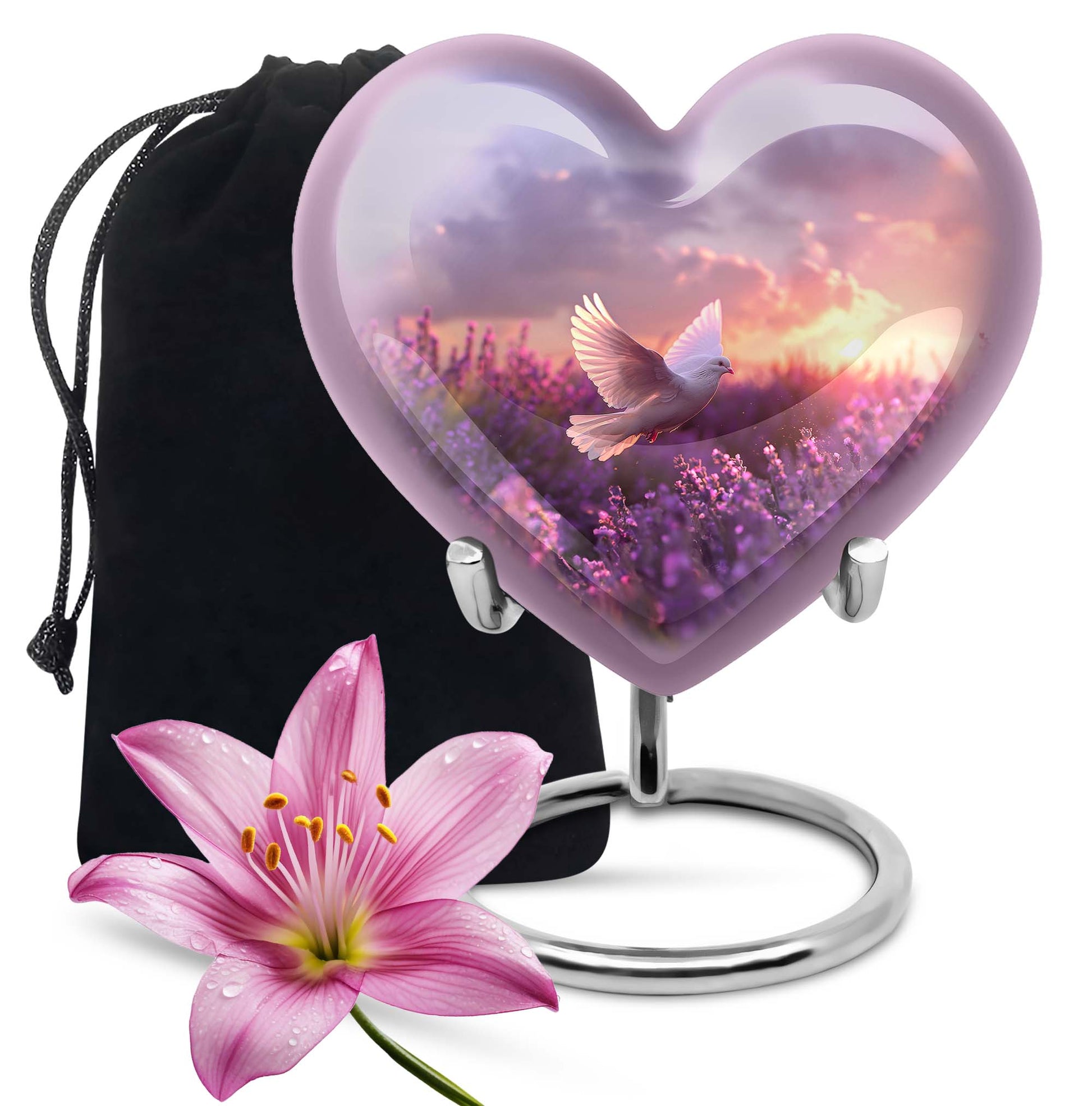 Heart-shaped memorial urn with white dove symbol, purple aluminium urn for ashes