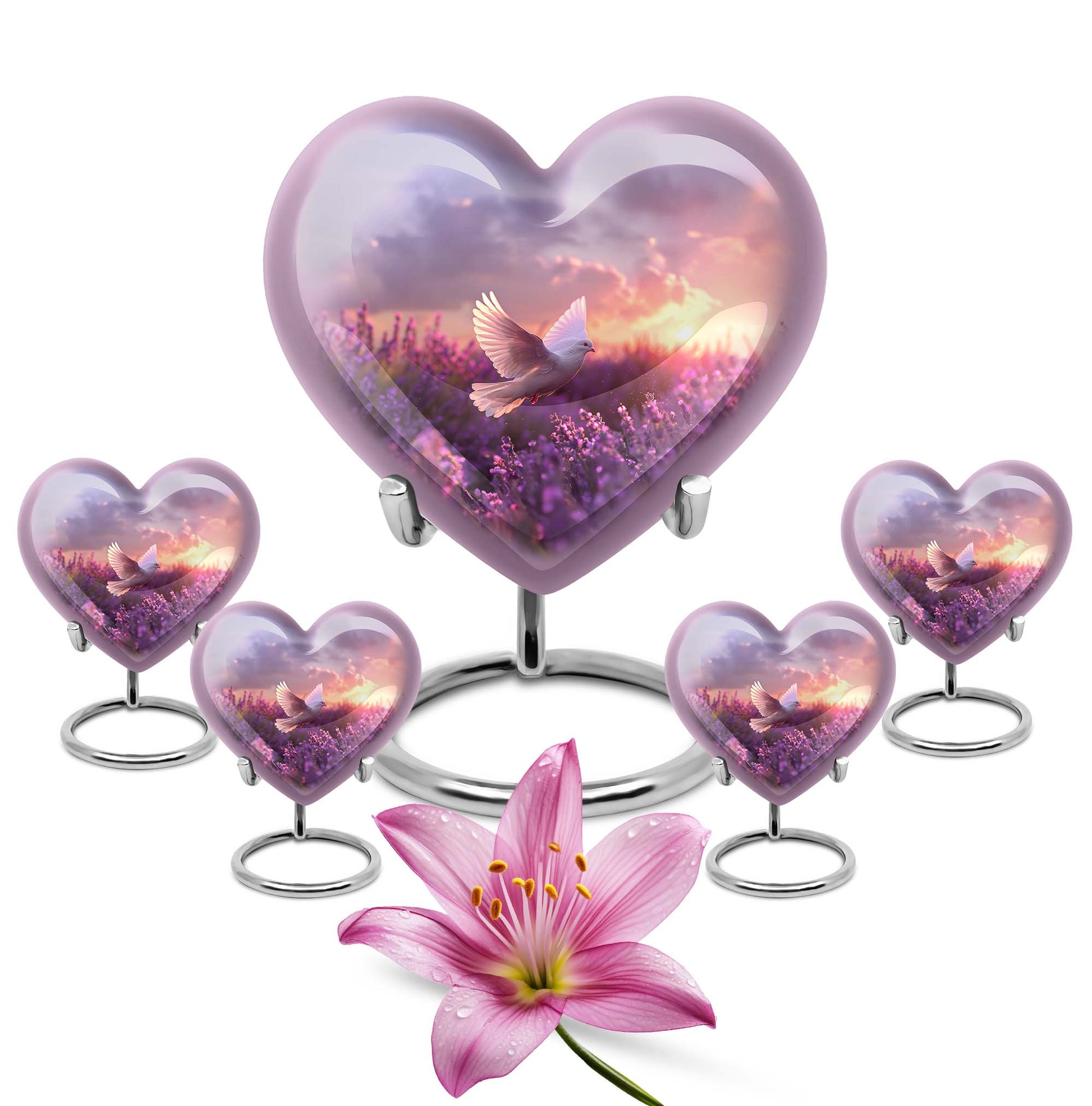 Heart-shaped memorial urn with white dove symbol, purple aluminium urn for ashes