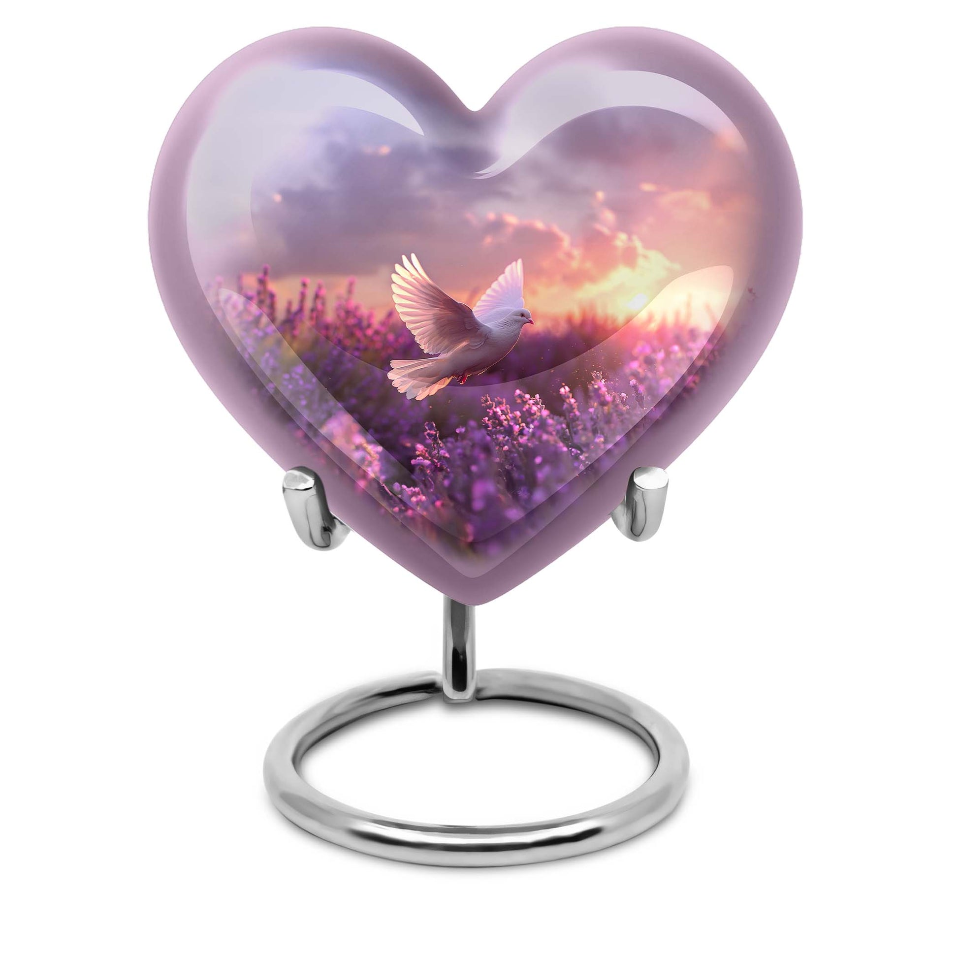 Heart-shaped memorial urn with white dove symbol, purple aluminium urn for ashes