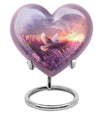 Heart-shaped memorial urn with white dove symbol, purple aluminium urn for ashes