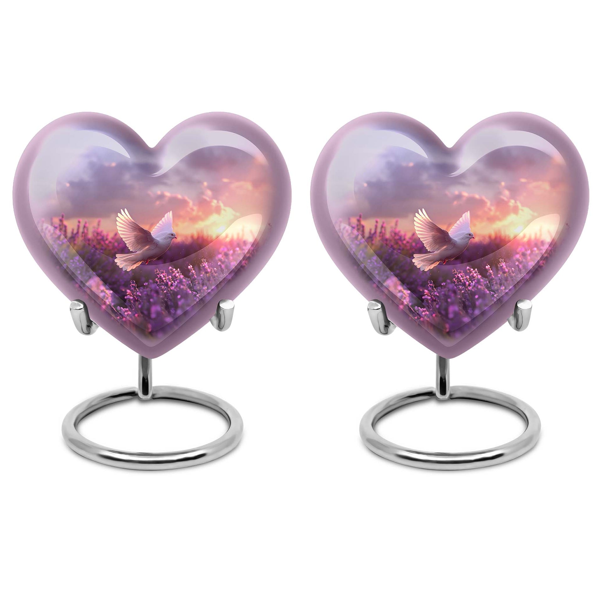 Heart-shaped memorial urn with white dove symbol, purple aluminium urn for ashes