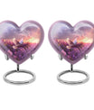 Heart-shaped memorial urn with white dove symbol, purple aluminium urn for ashes