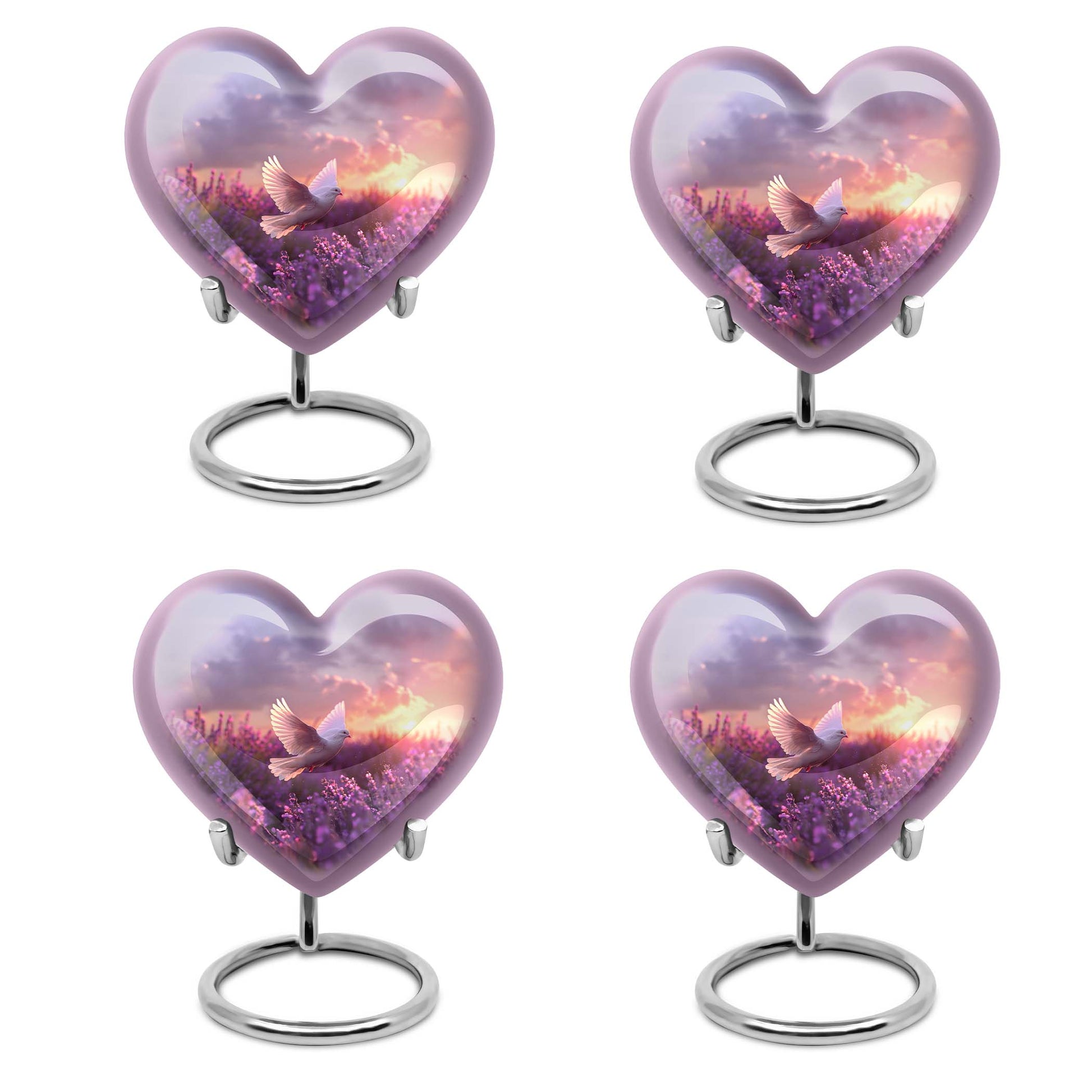 Heart-shaped memorial urn with white dove symbol, purple aluminium urn for ashes