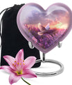 Heart-shaped memorial urn with white dove symbol, purple aluminium urn for ashes