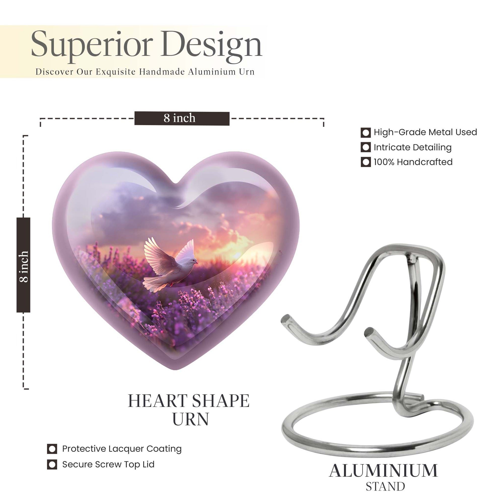 Heart-shaped memorial urn with white dove symbol, purple aluminium urn for ashes