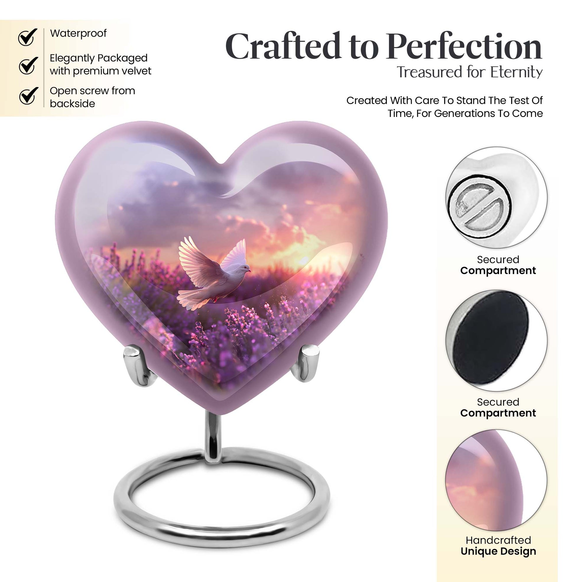 Heart-shaped memorial urn with white dove symbol, purple aluminium urn for ashes