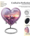 Heart-shaped memorial urn with white dove symbol, purple aluminium urn for ashes