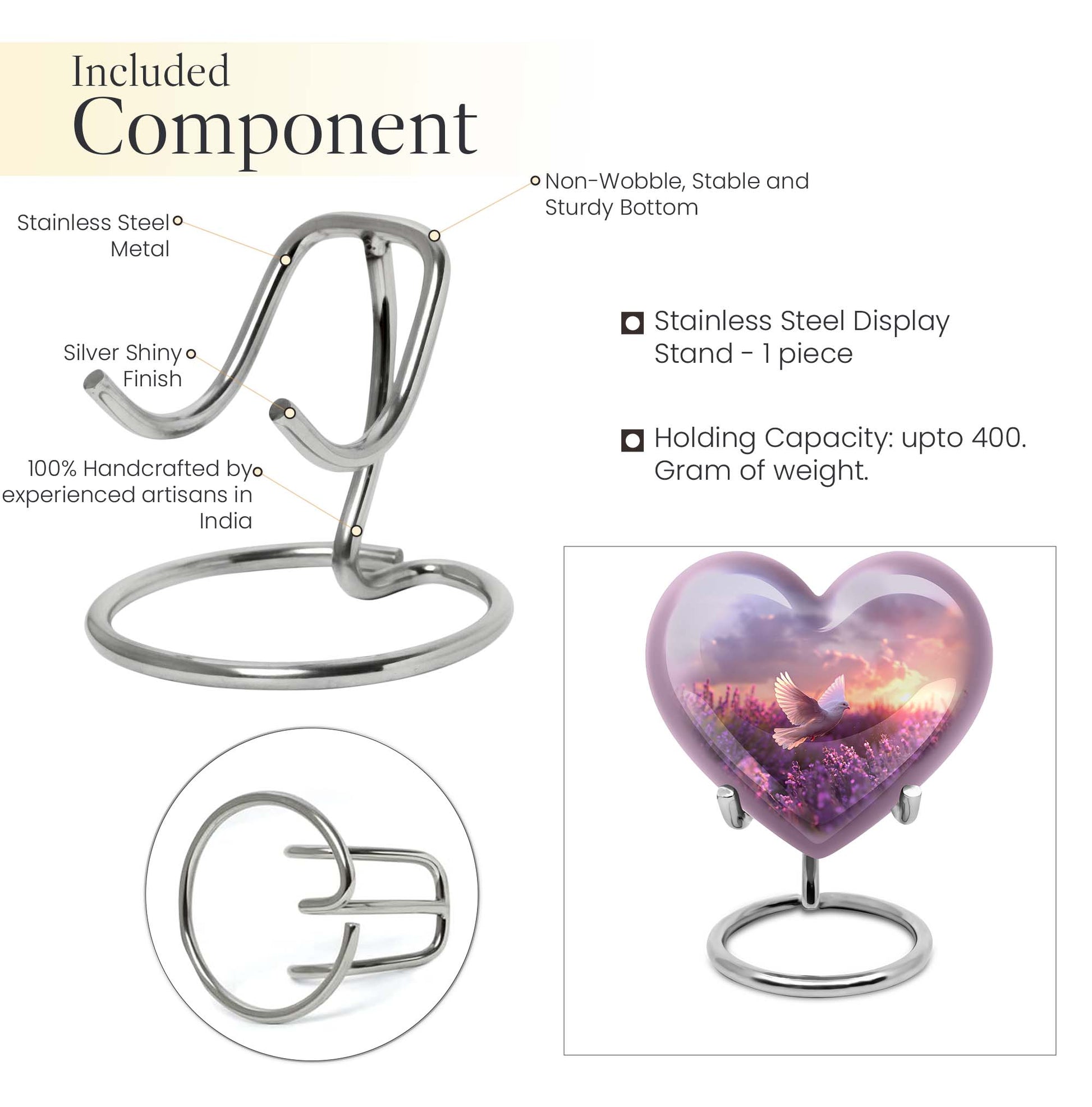 Heart-shaped memorial urn with white dove symbol, purple aluminium urn for ashes