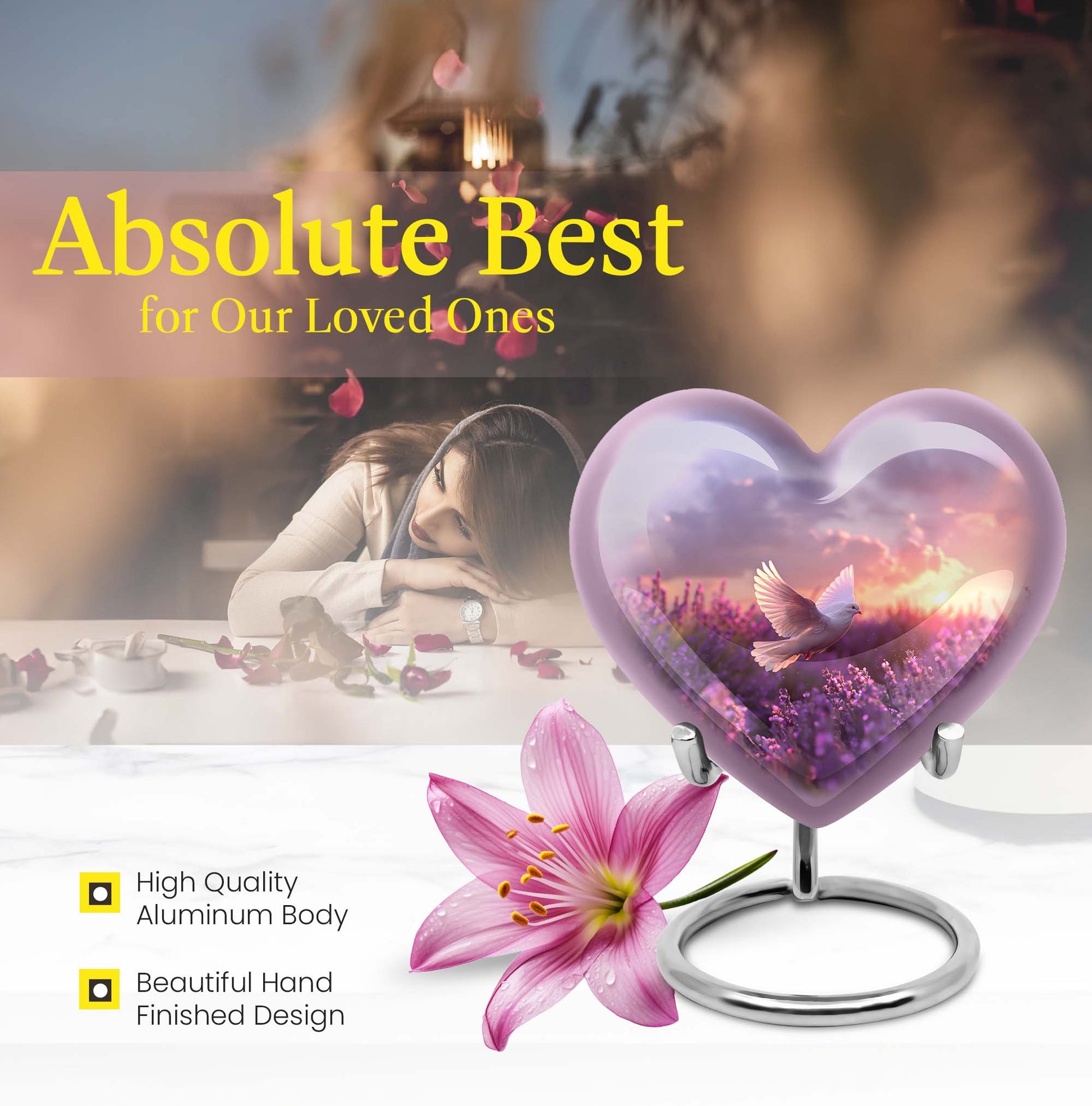 Heart-shaped memorial urn with white dove symbol, purple aluminium urn for ashes