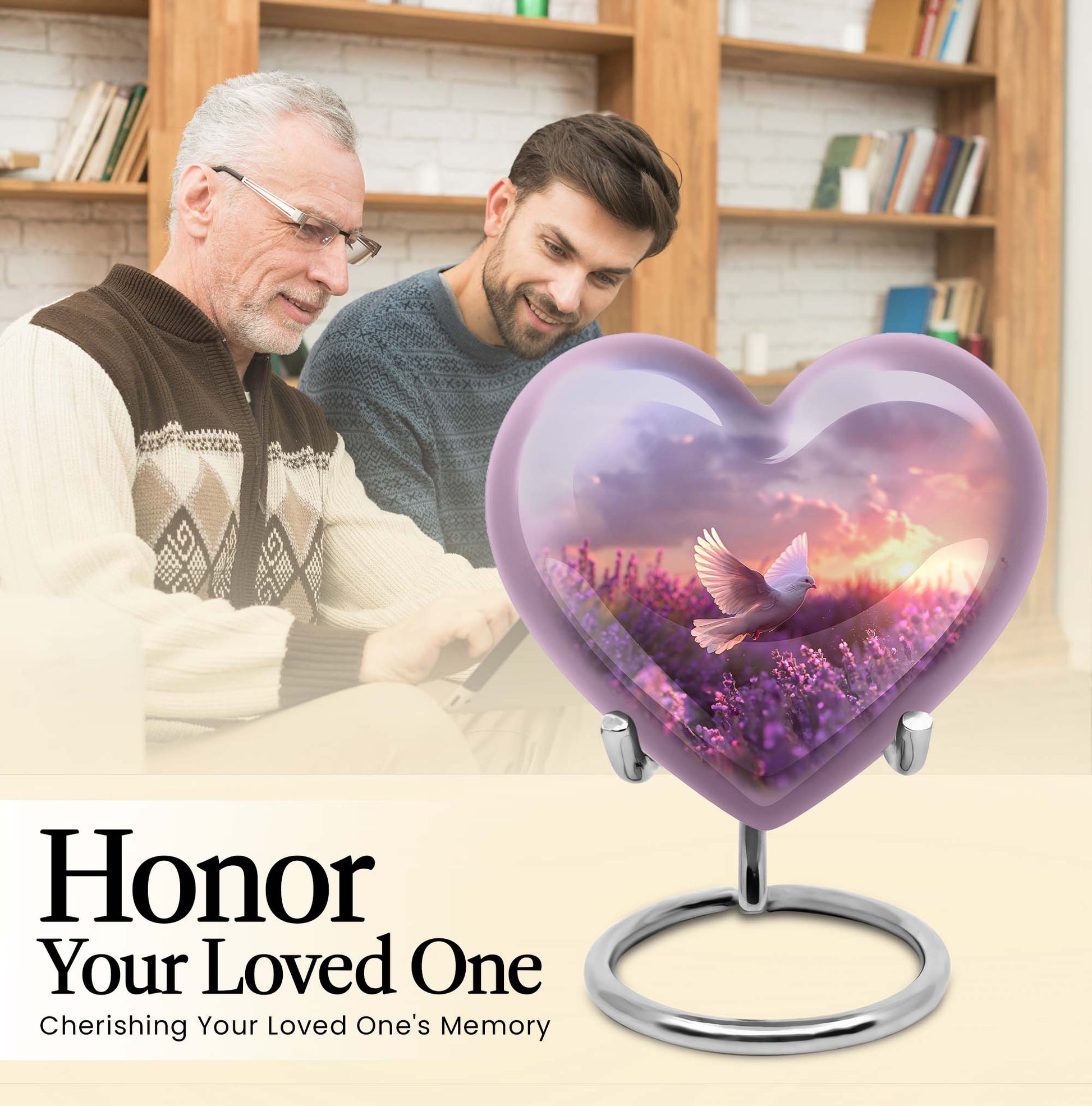 Heart-shaped memorial urn with white dove symbol, purple aluminium urn for ashes