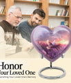 Heart-shaped memorial urn with white dove symbol, purple aluminium urn for ashes