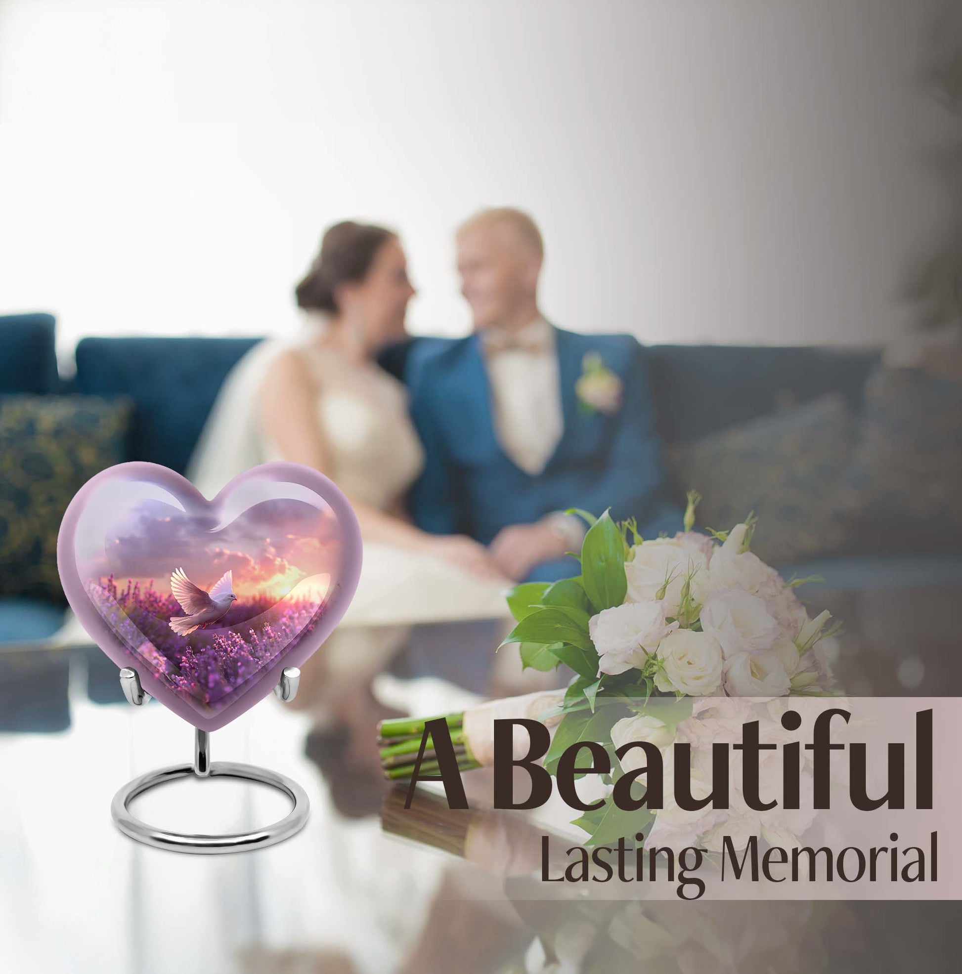 Heart-shaped memorial urn with white dove symbol, purple aluminium urn for ashes