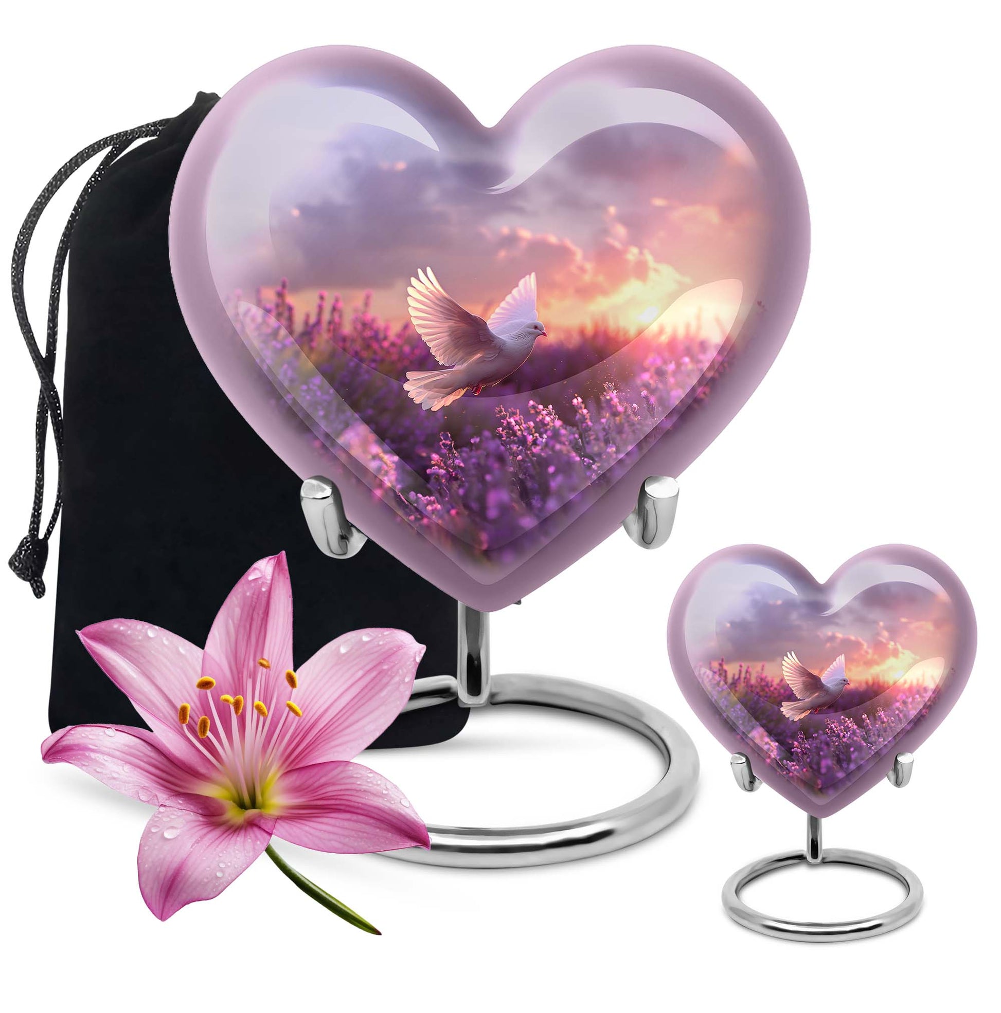 Heart-shaped memorial urn with white dove symbol, purple aluminium urn for ashes