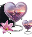 Heart-shaped memorial urn with white dove symbol, purple aluminium urn for ashes