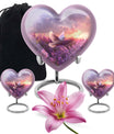 Heart-shaped memorial urn with white dove symbol, purple aluminium urn for ashes